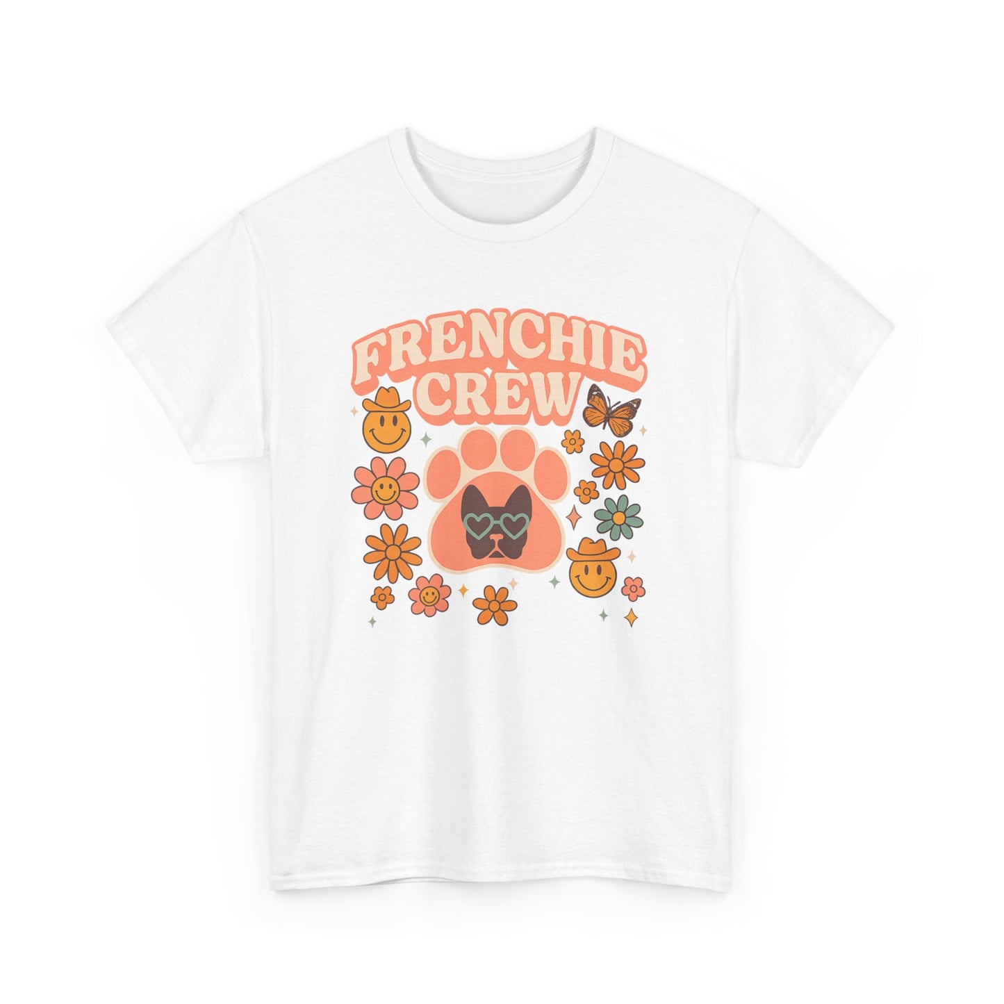 Frenchie Crew T-Shirt | Retro 70s Floral French Bulldog Tee | Groovy Dog Mom Shirt | Frenchie Lover Gift | Vintage Aesthetic Graphic Tee