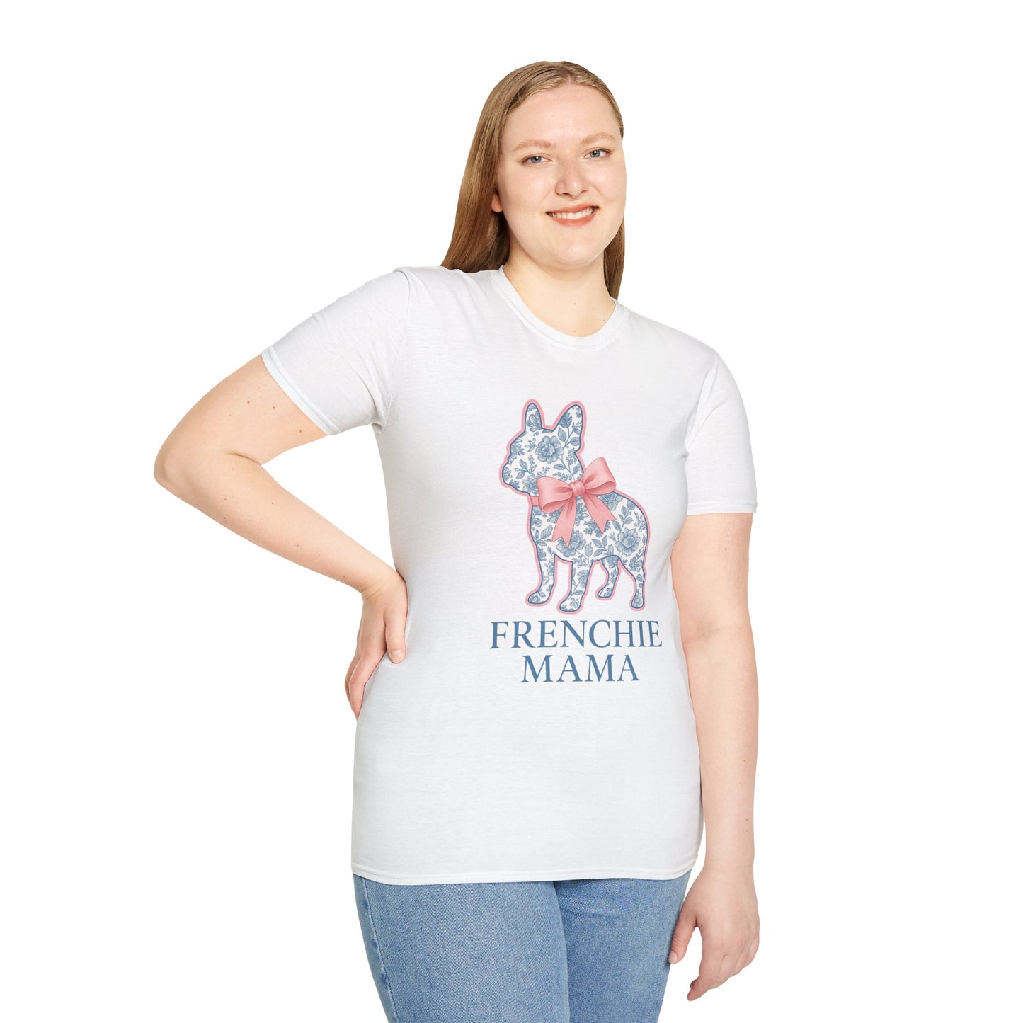 Frenchie Mama Shirt – Floral French Bulldog Silhouette Tee with Pink Bow, Dog Mom Gift, Cute Frenchie Lover T-Shirt, Pastel Dog Mom Apparel