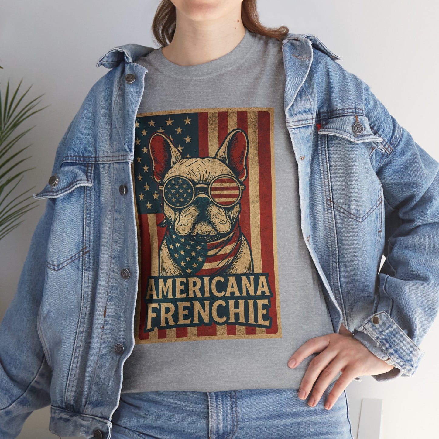 Americana Frenchie T-Shirt – Patriotic French Bulldog Tee, USA Flag Dog Shirt, 4th of July Frenchie Gift, Vintage Retro Style