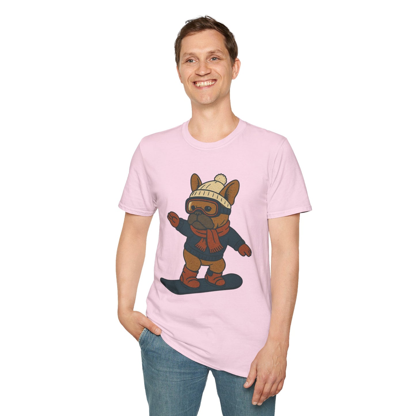 Snowboarding Frenchie T-Shirt | Cute Winter Dog Snowboard Tee | French Bulldog Snowboarder Shirt | Holiday Ski Resort Pup Graphic | Dog Lover Snow Sport Gift