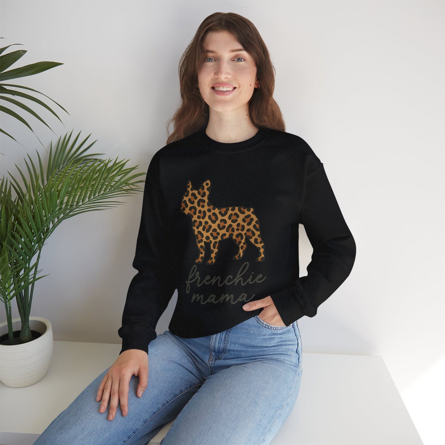Frenchie Mama Leopard Print Sweatshirt | French Bulldog Mom Crewneck | Cheetah Print Frenchie Sweater | Dog Mom Gift | Cute Animal Print Pullover