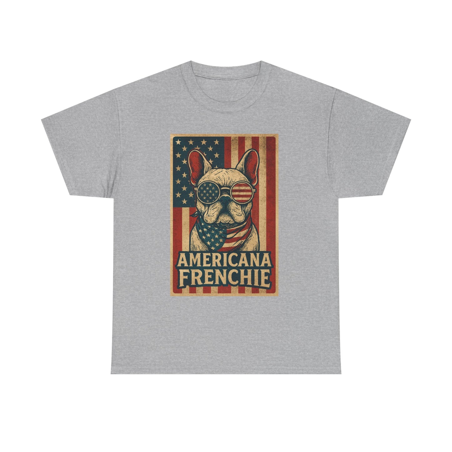 Americana Frenchie T-Shirt – Patriotic French Bulldog Tee, USA Flag Dog Shirt, 4th of July Frenchie Gift, Vintage Retro Style