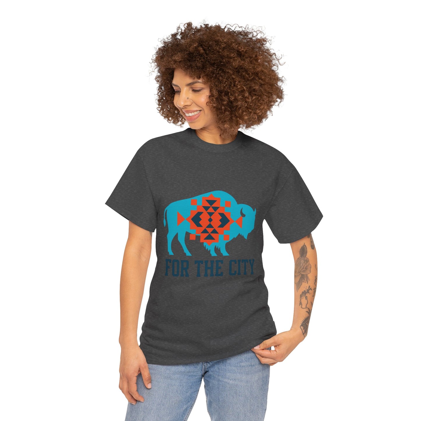 For The City Tribal Bison T-Shirt | Oklahoma Pride Tee | Blue & Orange Southwestern Bison Graphic | OKC Fan Inspired Shirt | Local Oklahoma Gift