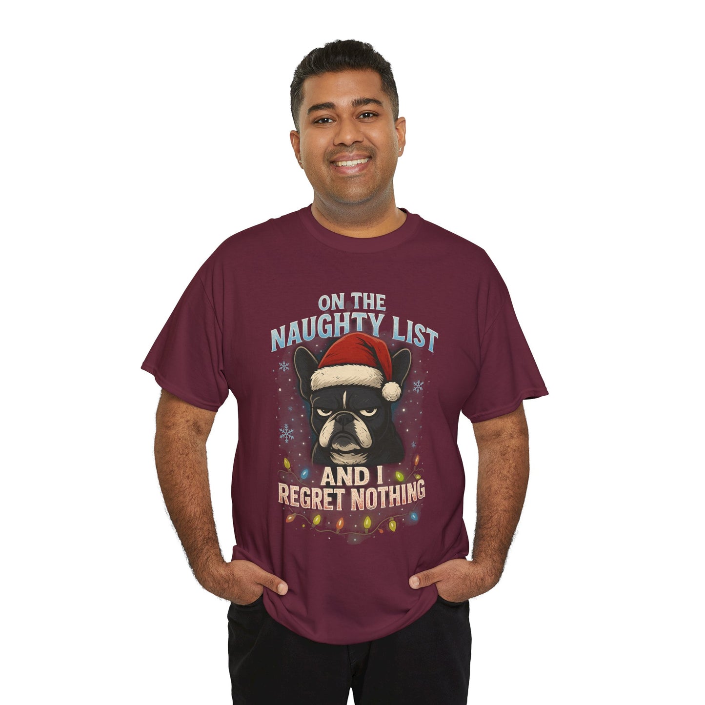 On The Naughty List Frenchie Christmas Shirt | Funny Holiday Dog Lover Tee | Grumpy French Bulldog Xmas Lights T-Shirt | Cute Pet Gift