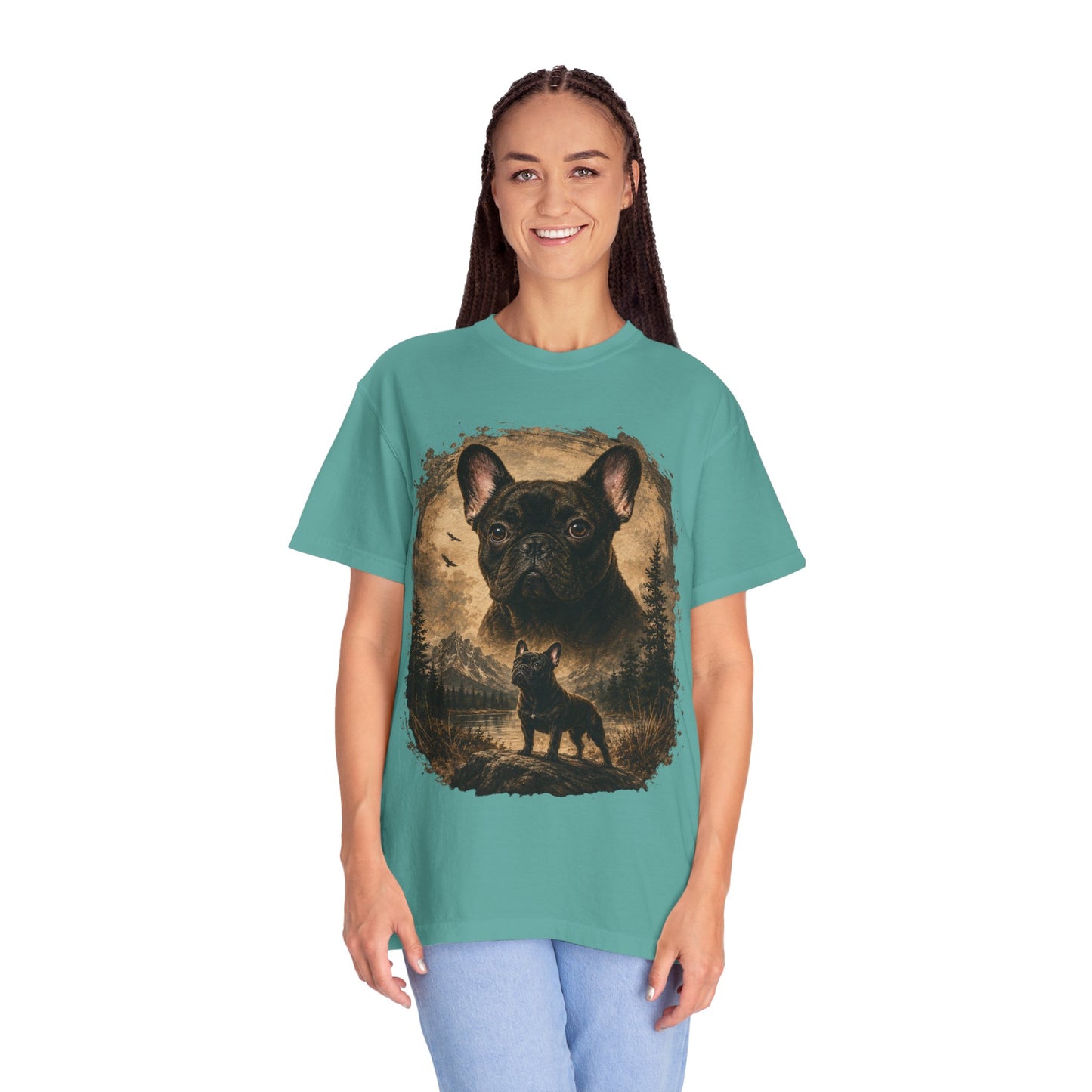 Black French Bulldog Shirt, Vintage Frenchie Nature Tee, Rustic French Bulldog Shirt, Dog Lover Gift, Frenchie Mountain Landscape Tee, Outdoors Dog Shirt, French Bulldog Art