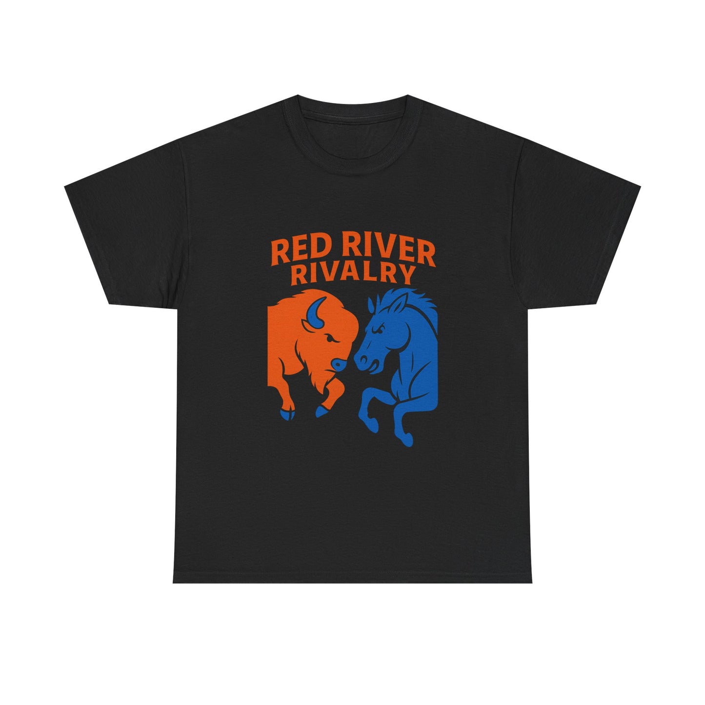 Red River Rivalry T-Shirt – Oklahoma vs Texas-Inspired Tee, Bison and Mustang Game Day Shirt, Blue and Orange Sports Rivalry Graphic