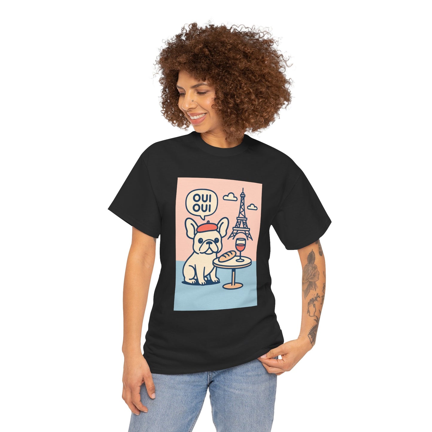 Oui Oui Frenchie Paris T-Shirt – Cute French Bulldog Café Tee, Paris Dog Lover Shirt, Beret & Baguette Graphic, French Bulldog Gift for Women & Men