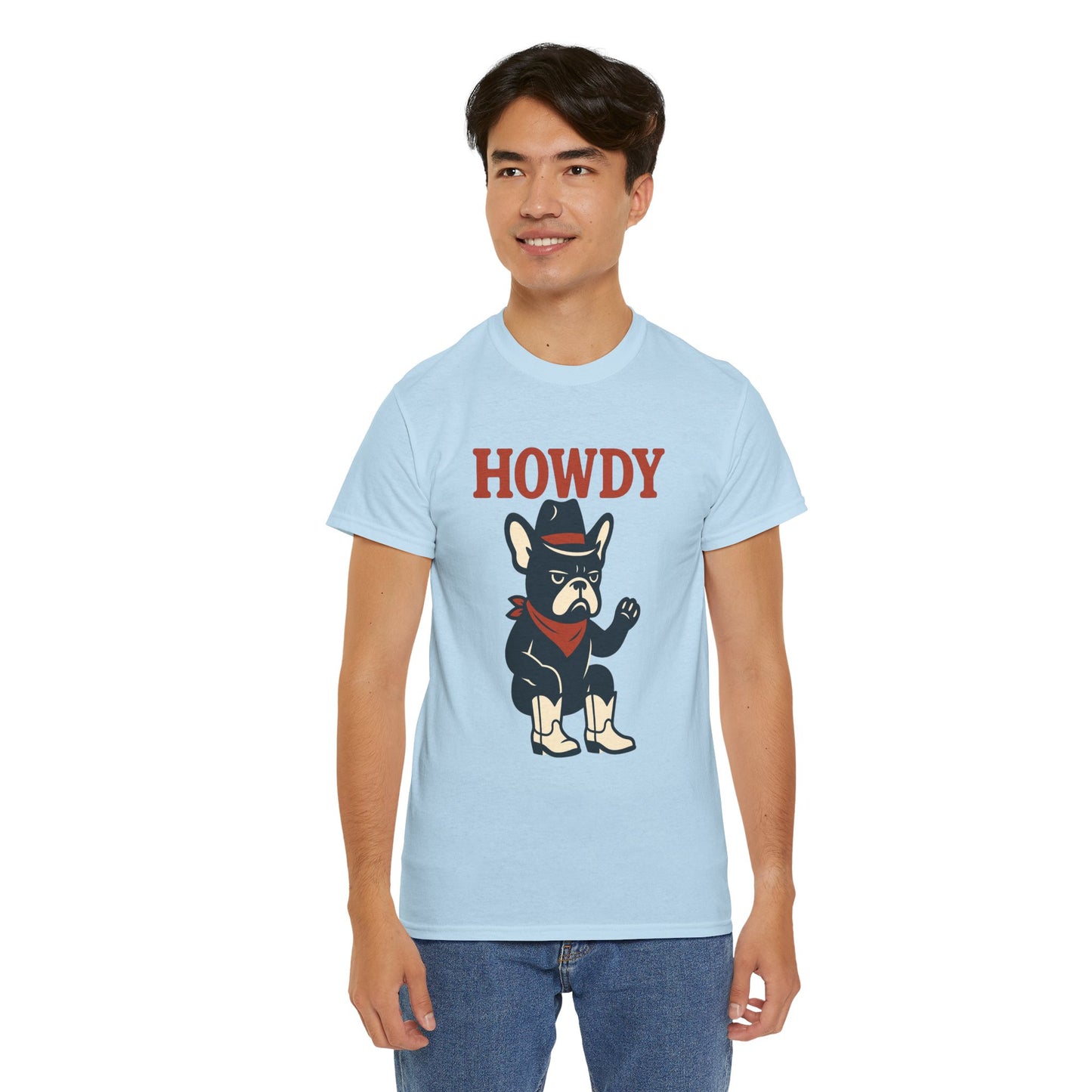 Howdy Frenchie T-Shirt | Cowboy French Bulldog Tee | Western Dog Lover Shirt | Cute Rodeo Pet Gift | Funny Frenchie Cowboy Graphic Tee