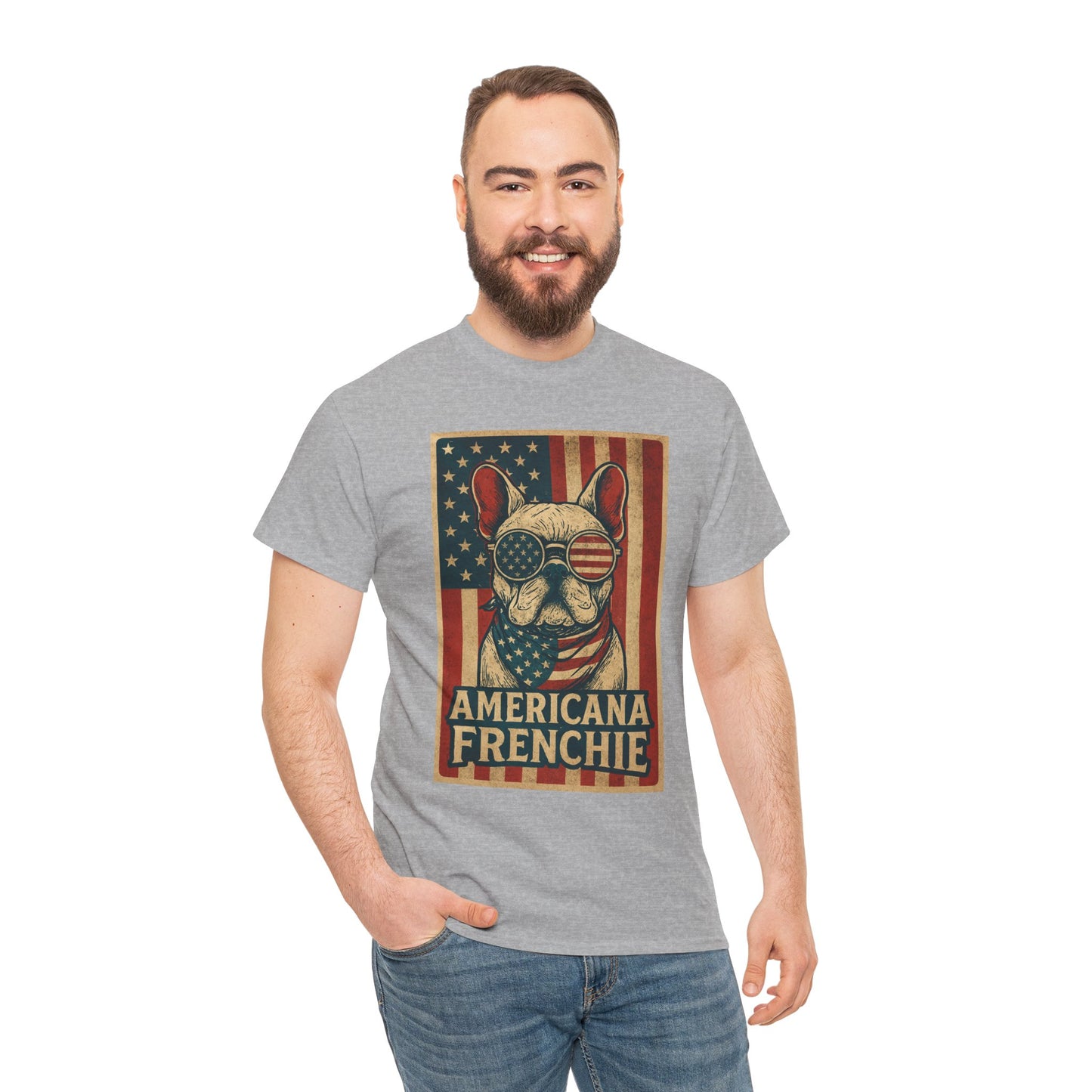 Americana Frenchie T-Shirt – Patriotic French Bulldog Tee, USA Flag Dog Shirt, 4th of July Frenchie Gift, Vintage Retro Style