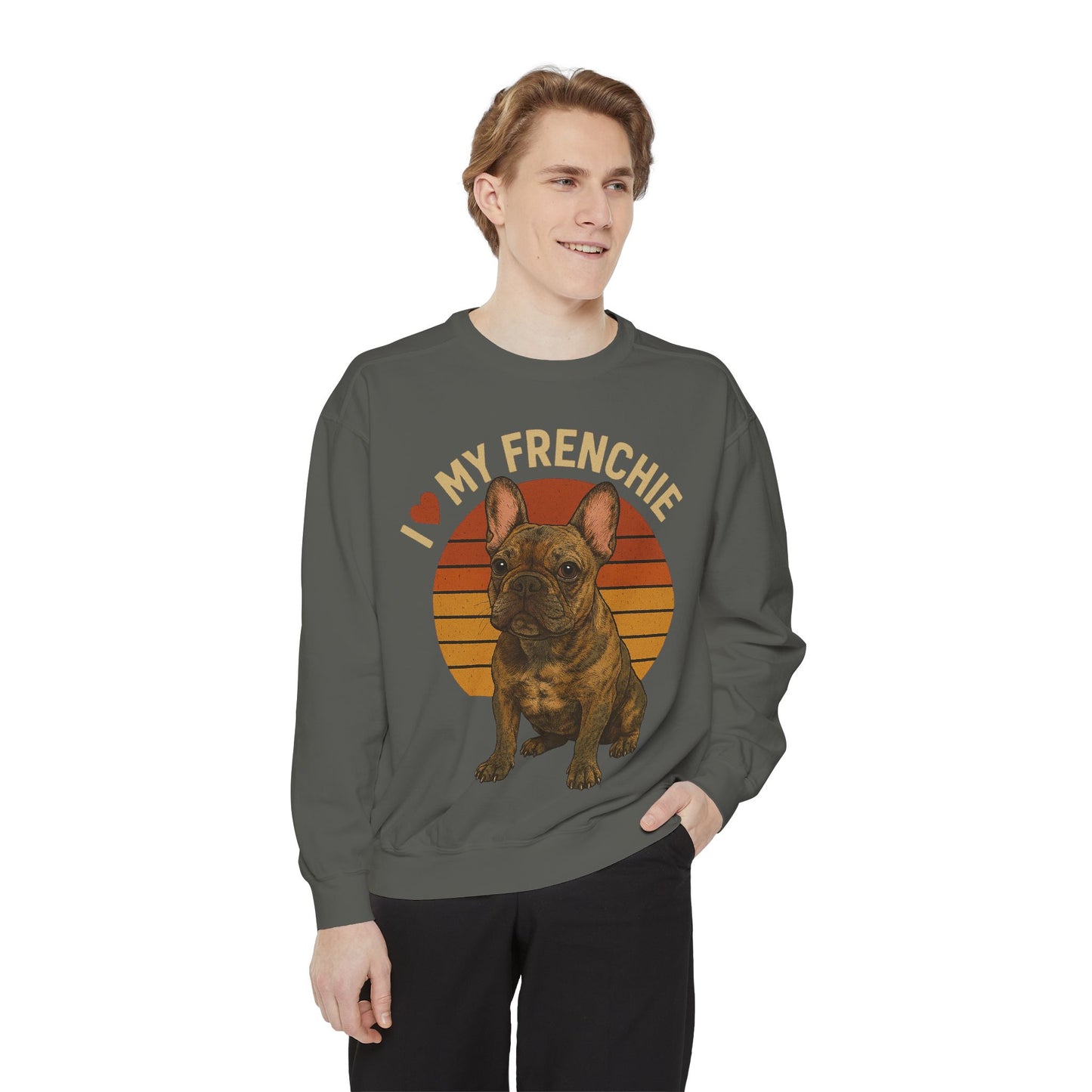 I Love My Frenchie Sweatshirt | Brindle French Bulldog Pullover | Retro Dog Lover Crewneck | Vintage Frenchie Mom & Dad Gift
