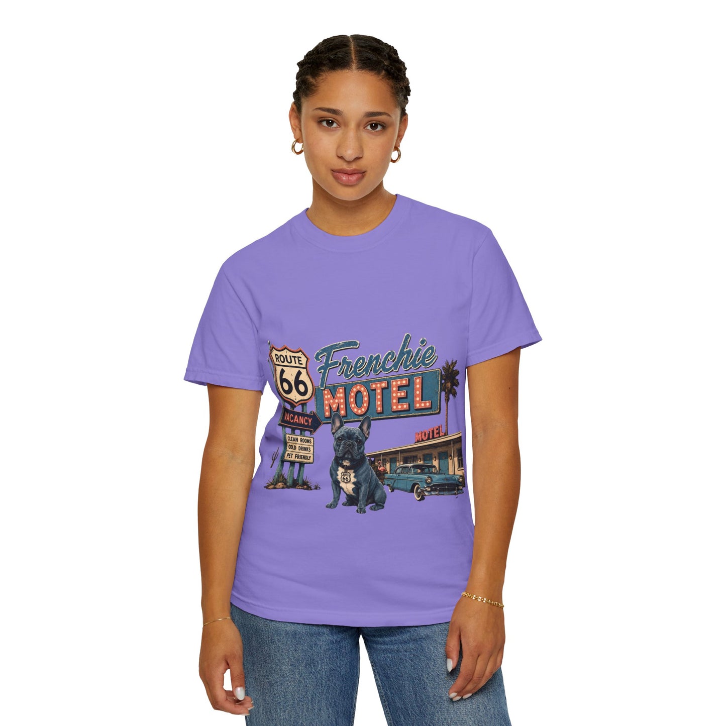 Route 66 Frenchie Motel Shirt, French Bulldog Retro Travel Tee, Vintage Road Trip Shirt, Dog Lover Graphic Tee, Route 66 Dog Shirt, Frenchie Motel T-Shirt, Retro Americana Gift