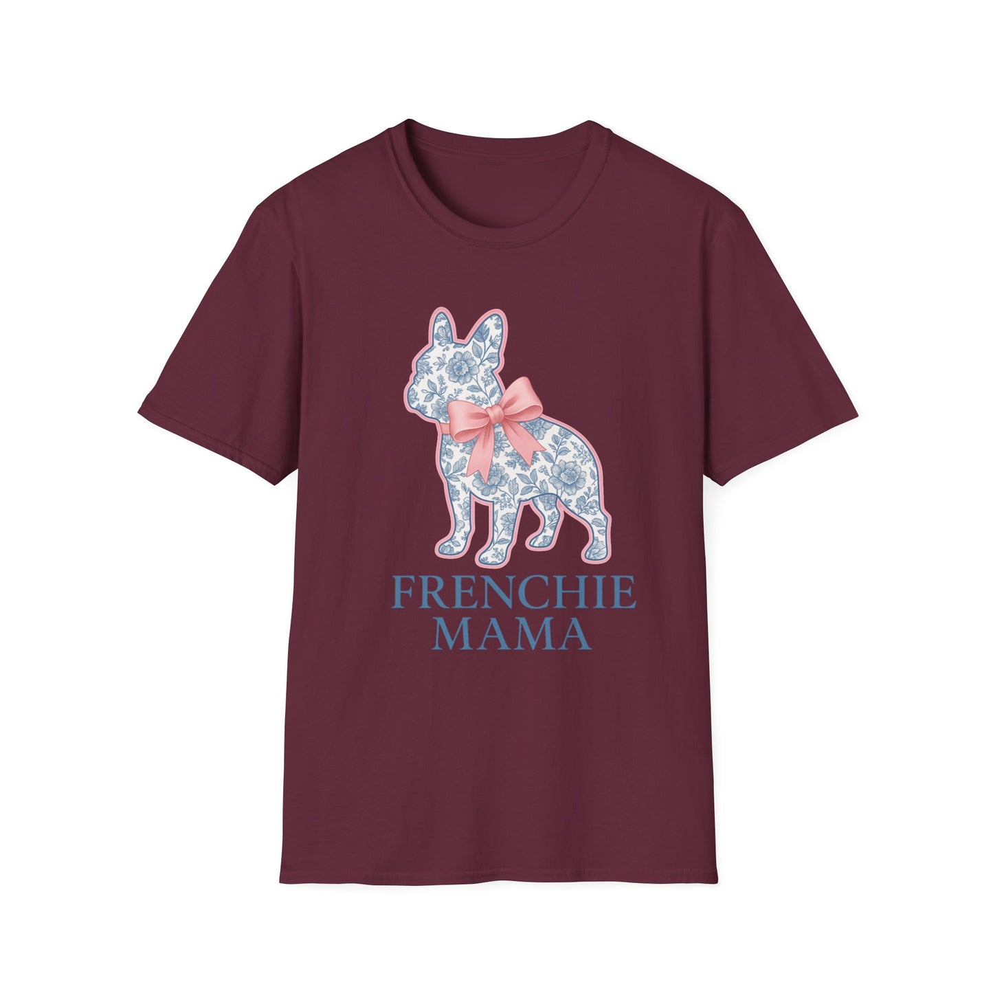 Frenchie Mama Shirt – Floral French Bulldog Silhouette Tee with Pink Bow, Dog Mom Gift, Cute Frenchie Lover T-Shirt, Pastel Dog Mom Apparel