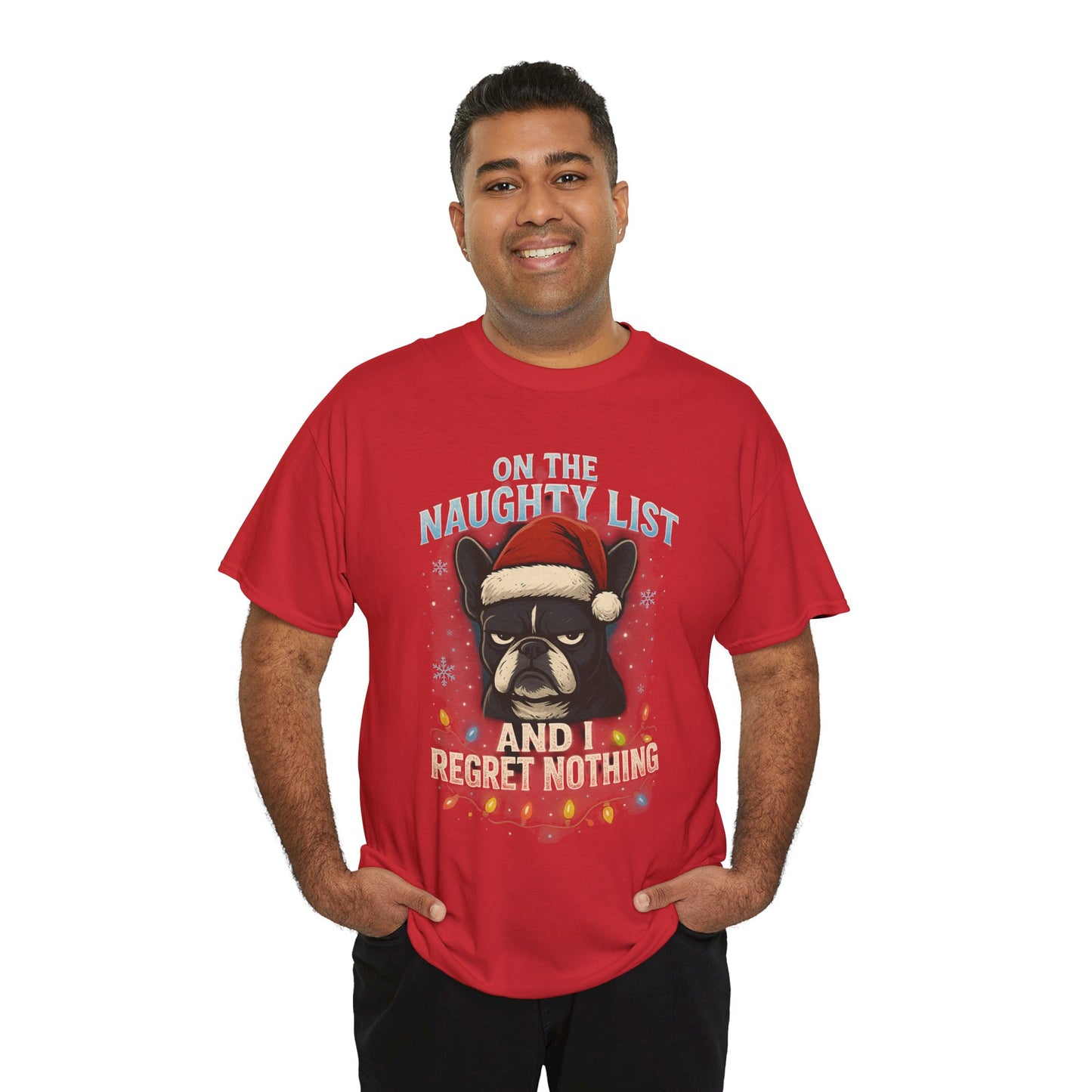 On The Naughty List Frenchie Christmas Shirt | Funny Holiday Dog Lover Tee | Grumpy French Bulldog Xmas Lights T-Shirt | Cute Pet Gift