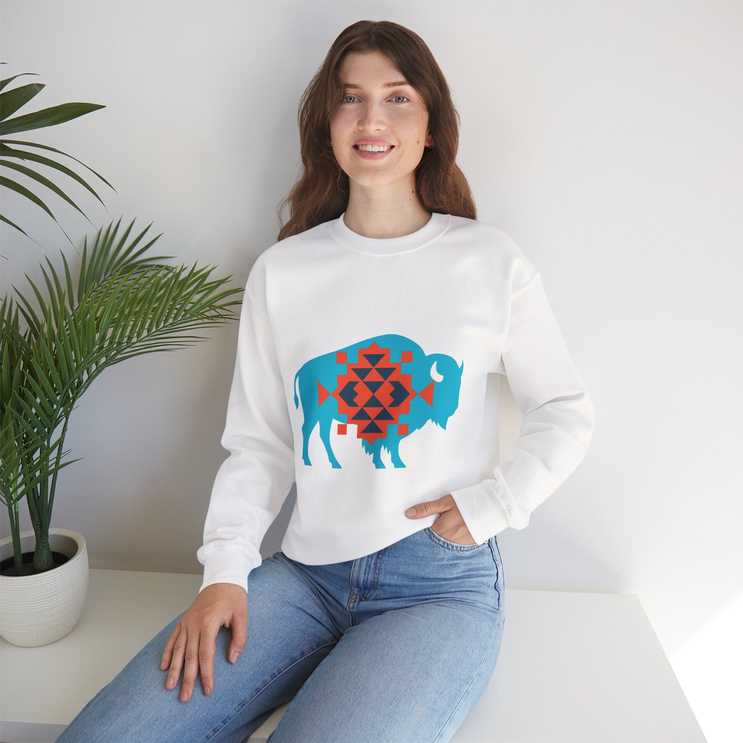 Aztec Bison Oklahoma Basketball Sweatshirt | Blue & Orange Tribal Bison Crewneck | OKC Spirit Sweater | For the City Thunder Fan Gift