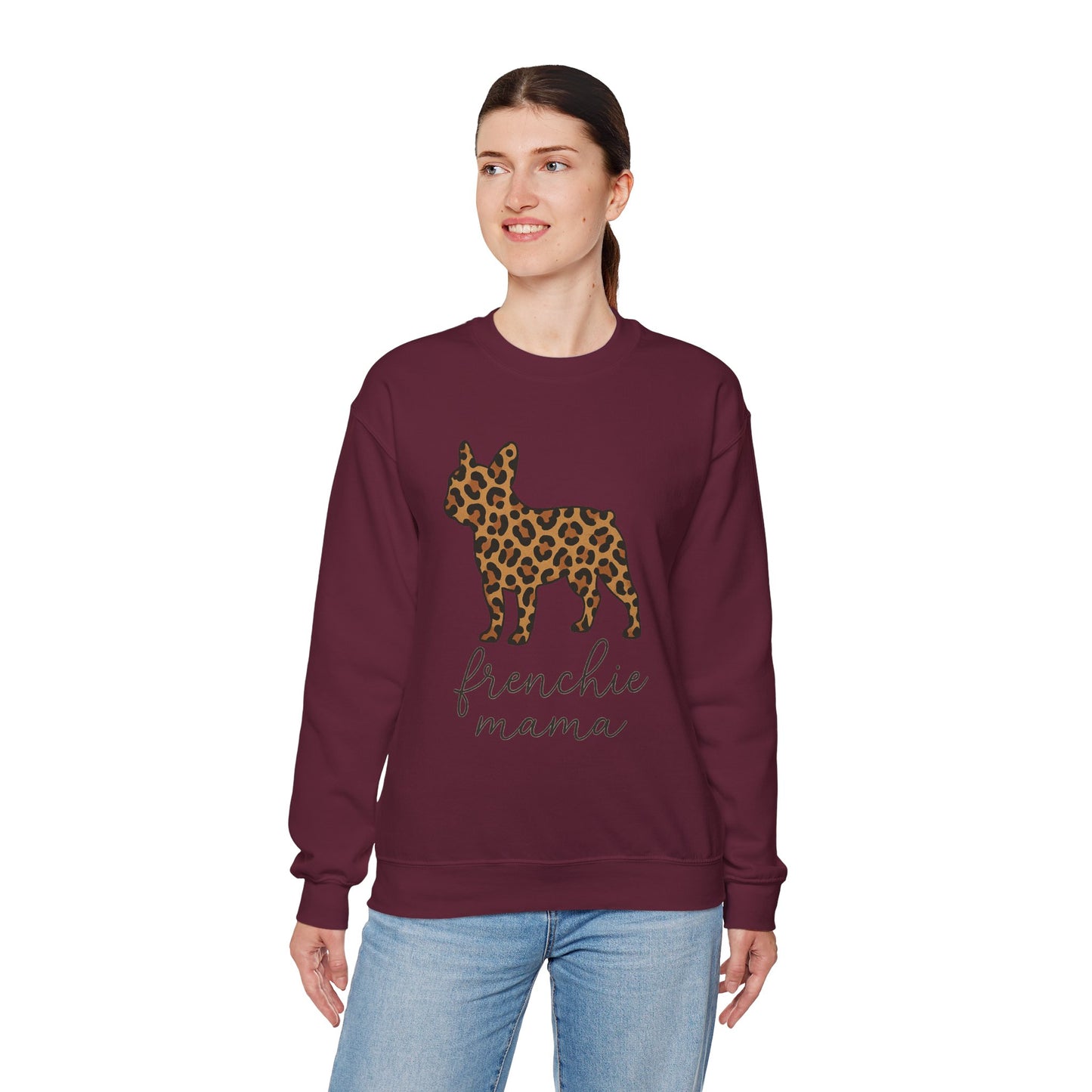 Frenchie Mama Leopard Print Sweatshirt | French Bulldog Mom Crewneck | Cheetah Print Frenchie Sweater | Dog Mom Gift | Cute Animal Print Pullover