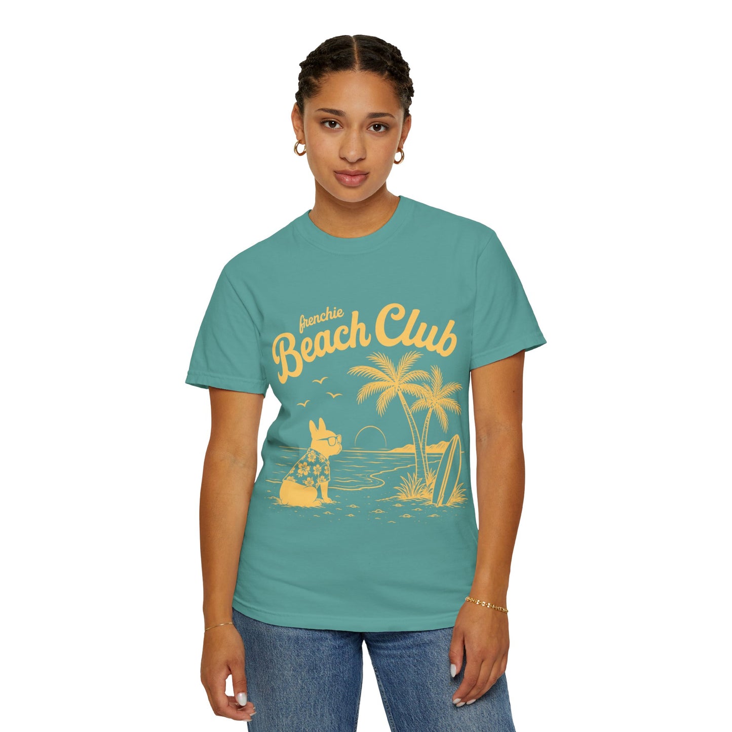 Frenchie Beach Club T-Shirt — Cute French Bulldog Surfing Palm Beach Tee