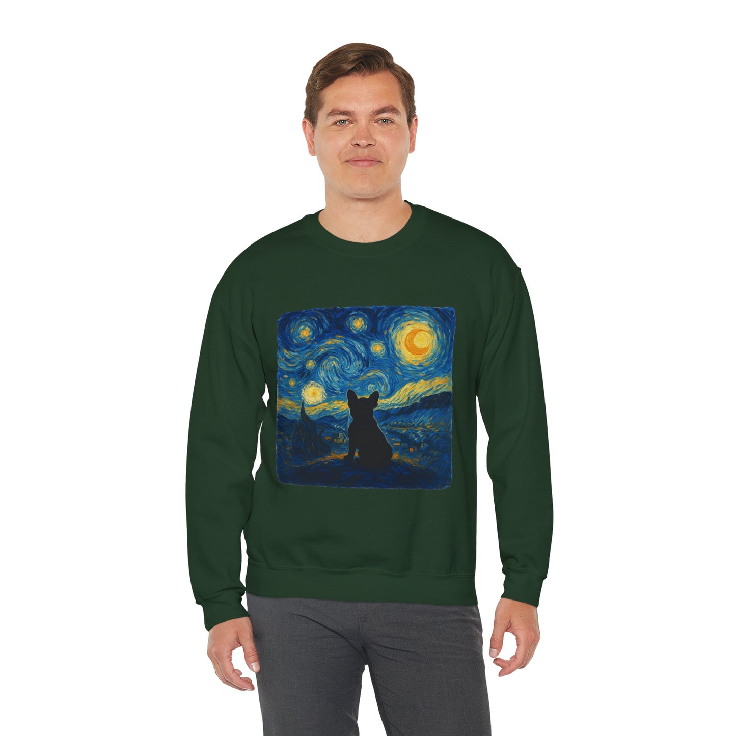 Starry Night Frenchie Sweatshirt – Van Gogh Inspired French Bulldog Art Crewneck, Cozy Dog Lover Gift, Retro Frenchie Sweater