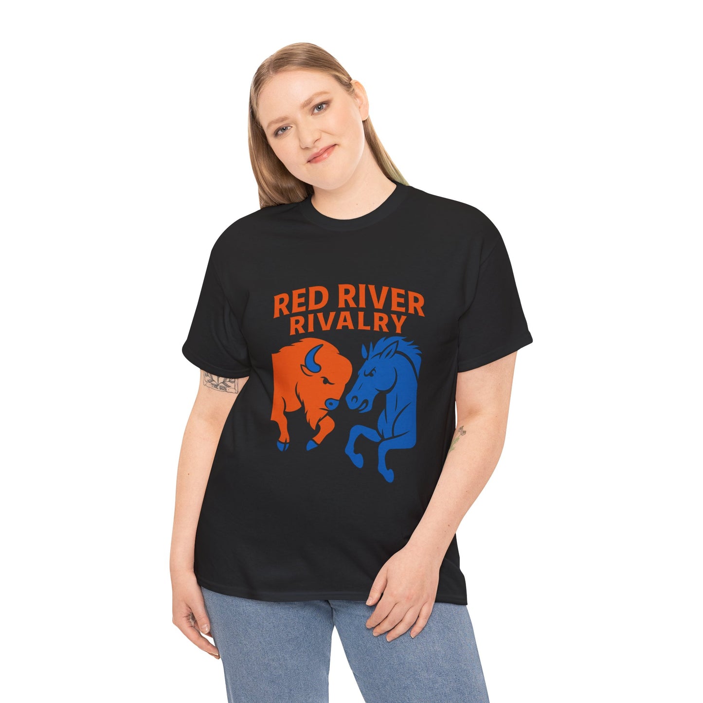 Red River Rivalry T-Shirt – Oklahoma vs Texas-Inspired Tee, Bison and Mustang Game Day Shirt, Blue and Orange Sports Rivalry Graphic