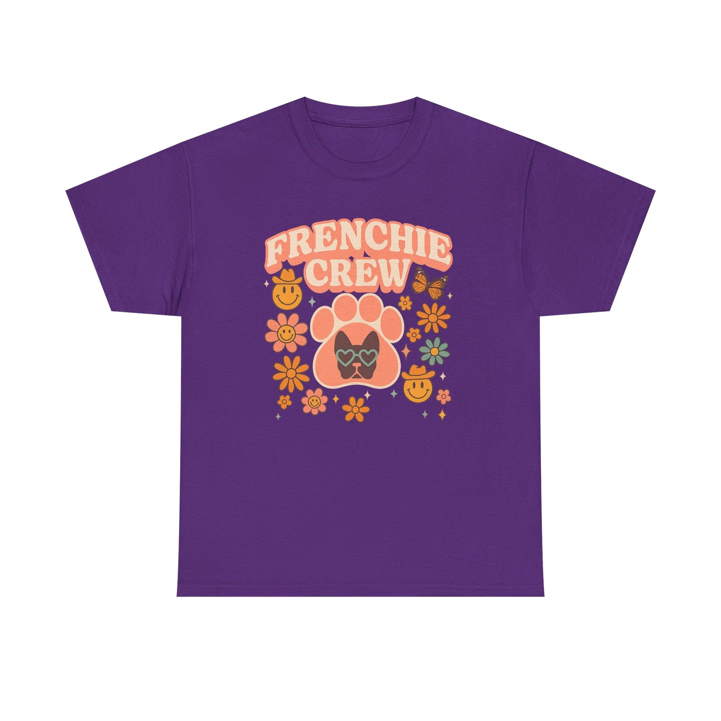 Frenchie Crew T-Shirt | Retro 70s Floral French Bulldog Tee | Groovy Dog Mom Shirt | Frenchie Lover Gift | Vintage Aesthetic Graphic Tee