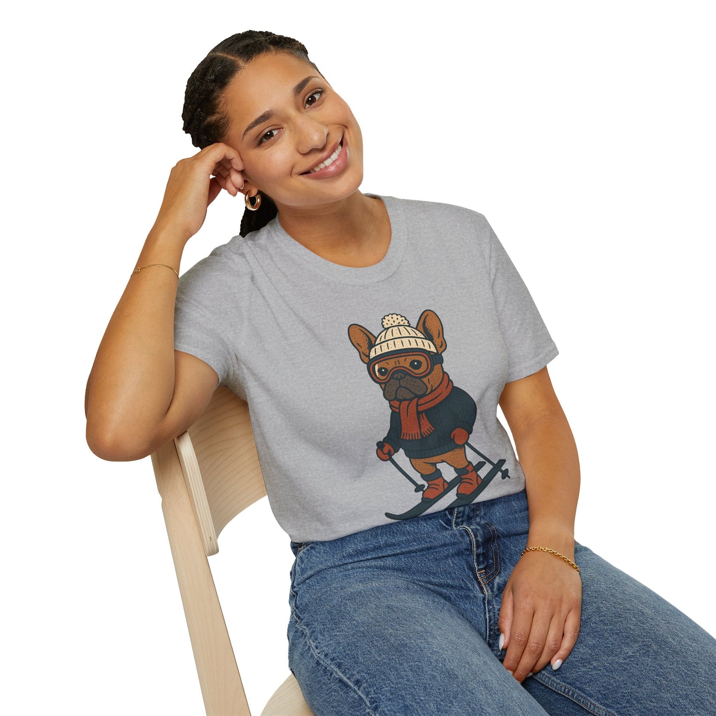 French Bulldog Skiing T-Shirt, Winter Frenchie Shirt, Ski Dog Graphic Tee, Cute Snow Dog Gift, Funny Frenchie Lover Shirt, Skiing Pup Tee