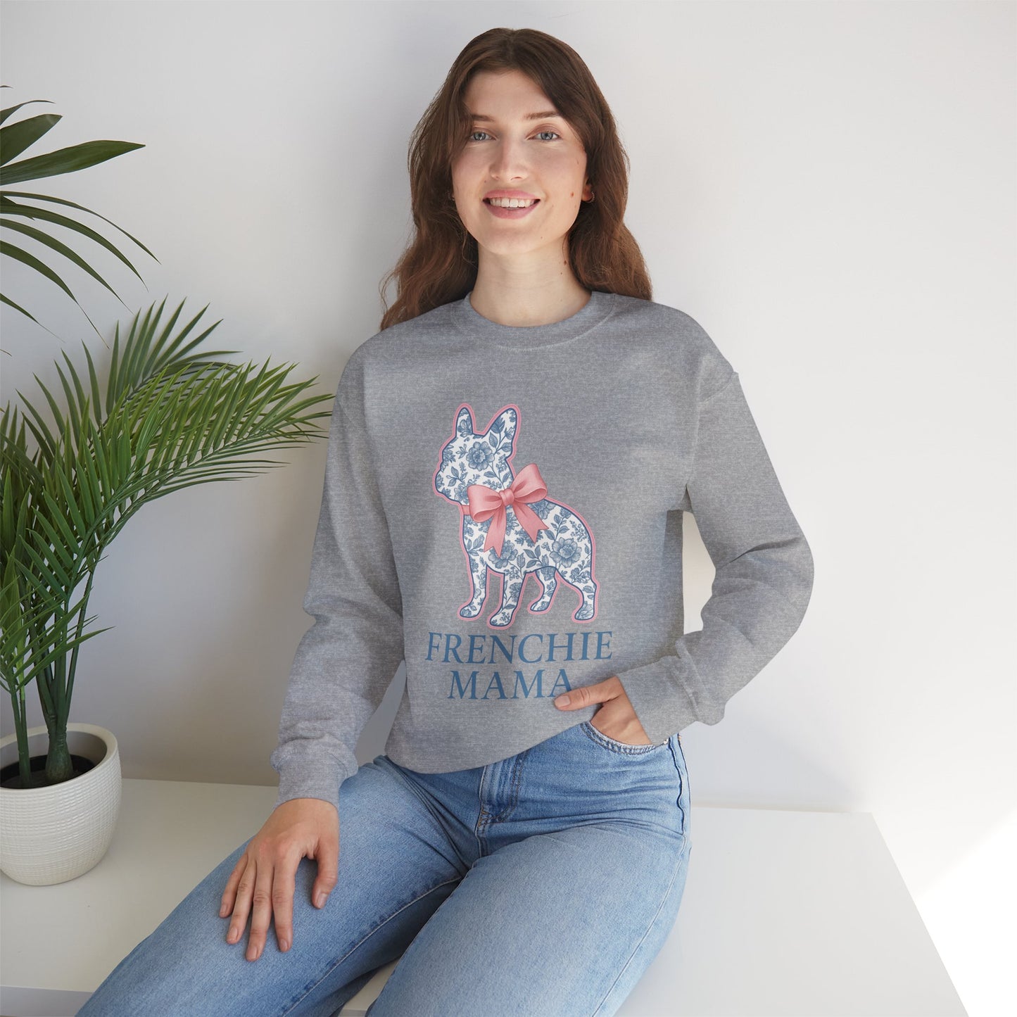 Frenchie Mama Sweatshirt – Blue Floral French Bulldog with Pink Bow, Cute Dog Mom Crewneck, French Bulldog Lover Gift, Cozy Dog Mom Sweater
