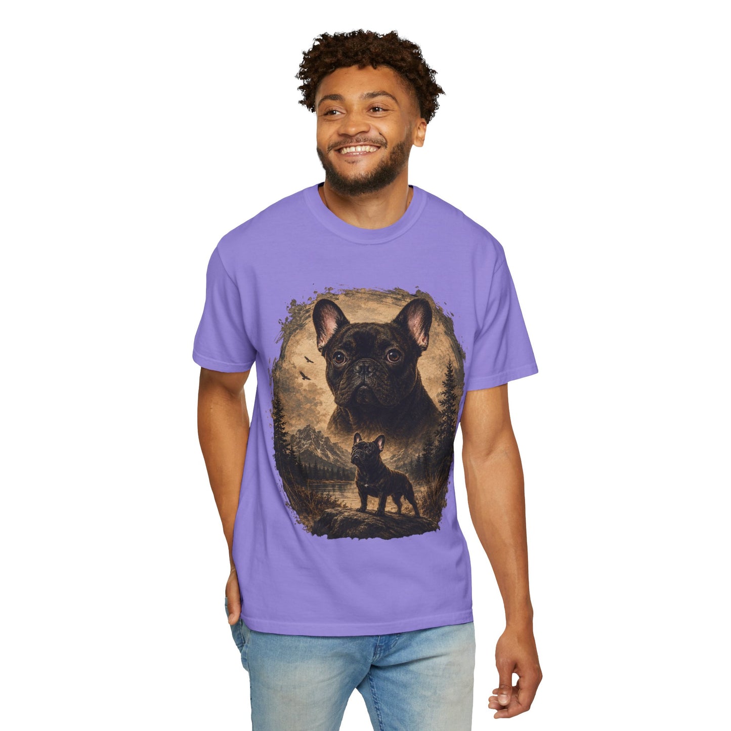 Black French Bulldog Shirt, Vintage Frenchie Nature Tee, Rustic French Bulldog Shirt, Dog Lover Gift, Frenchie Mountain Landscape Tee, Outdoors Dog Shirt, French Bulldog Art
