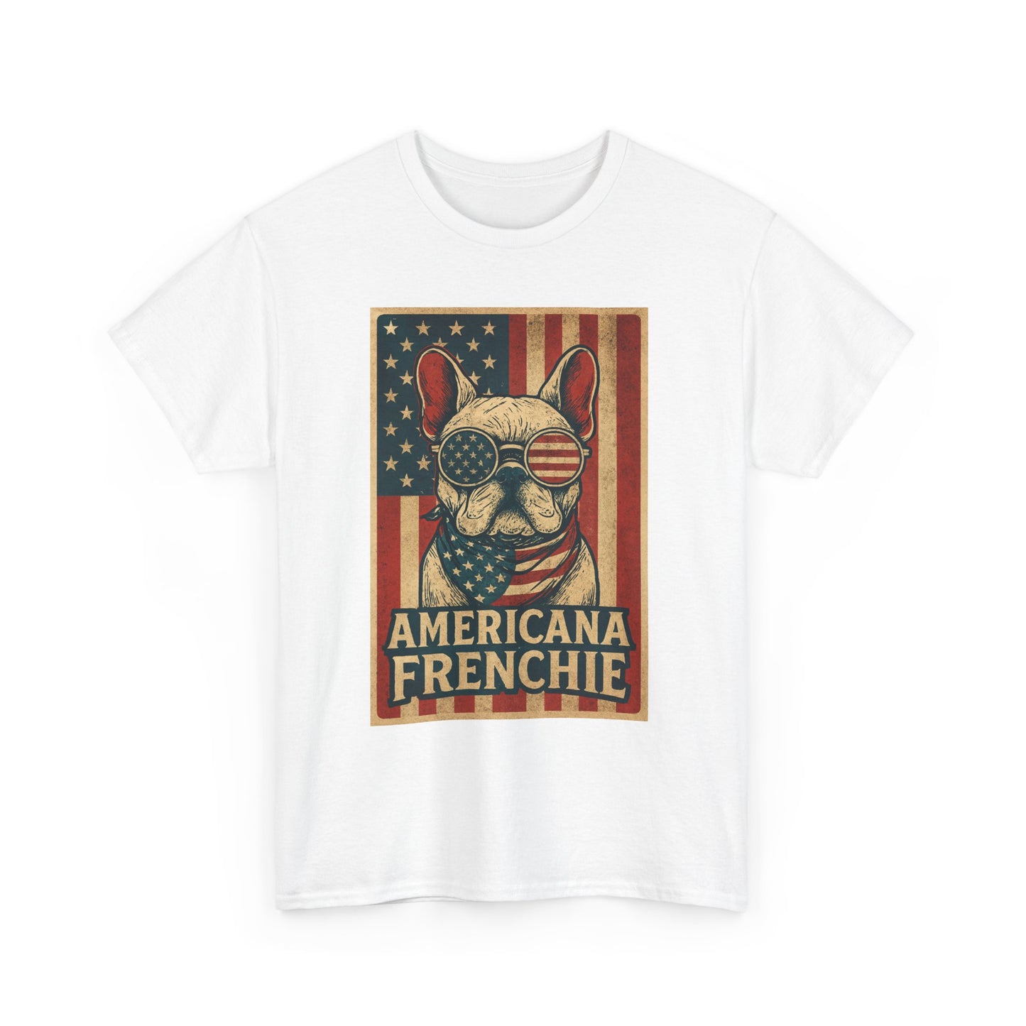 Americana Frenchie T-Shirt – Patriotic French Bulldog Tee, USA Flag Dog Shirt, 4th of July Frenchie Gift, Vintage Retro Style