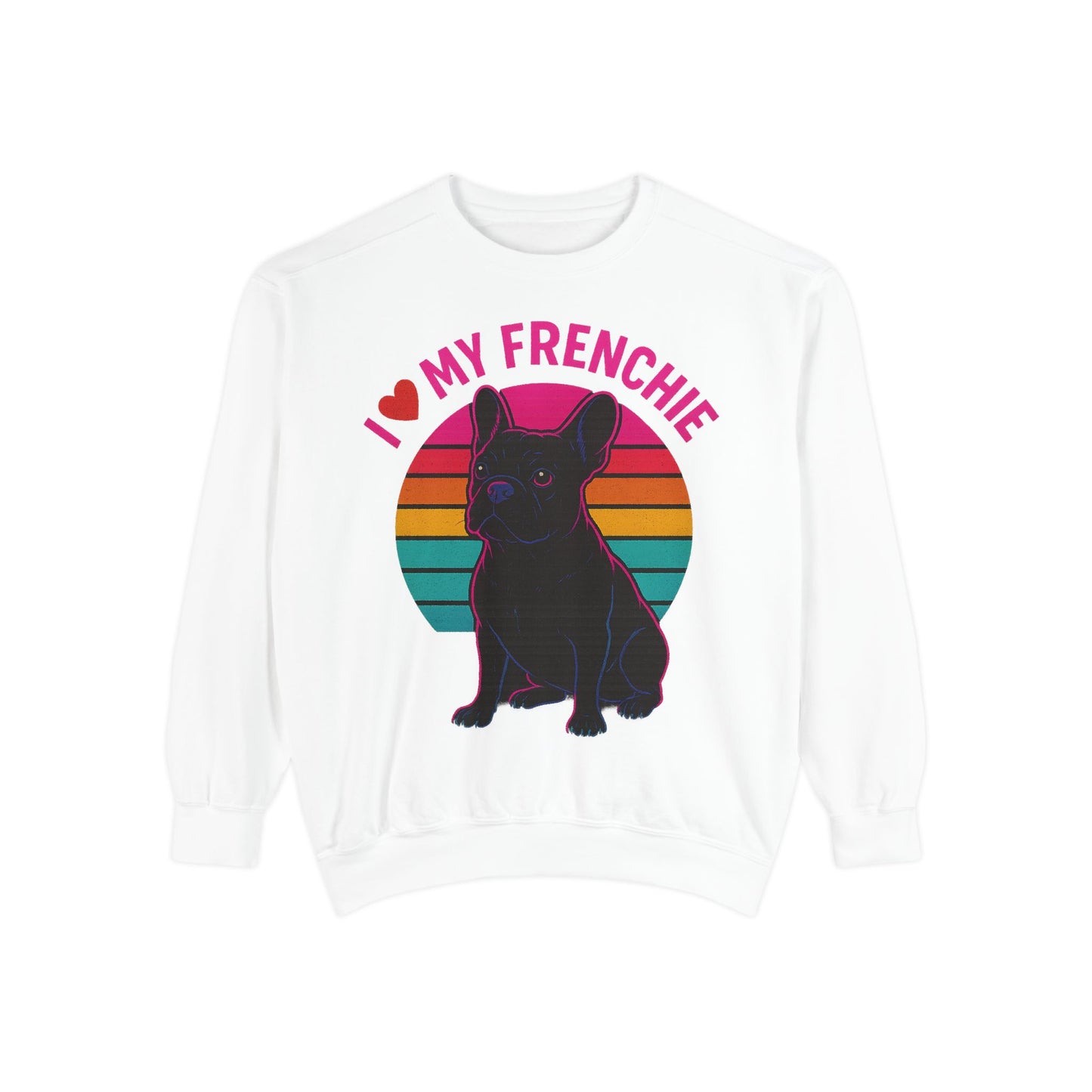 I Love My Frenchie Retro Sunset Pullover | Black French Bulldog Sweatshirt | Vintage Dog Lover Gift | Unisex Frenchie Sweater