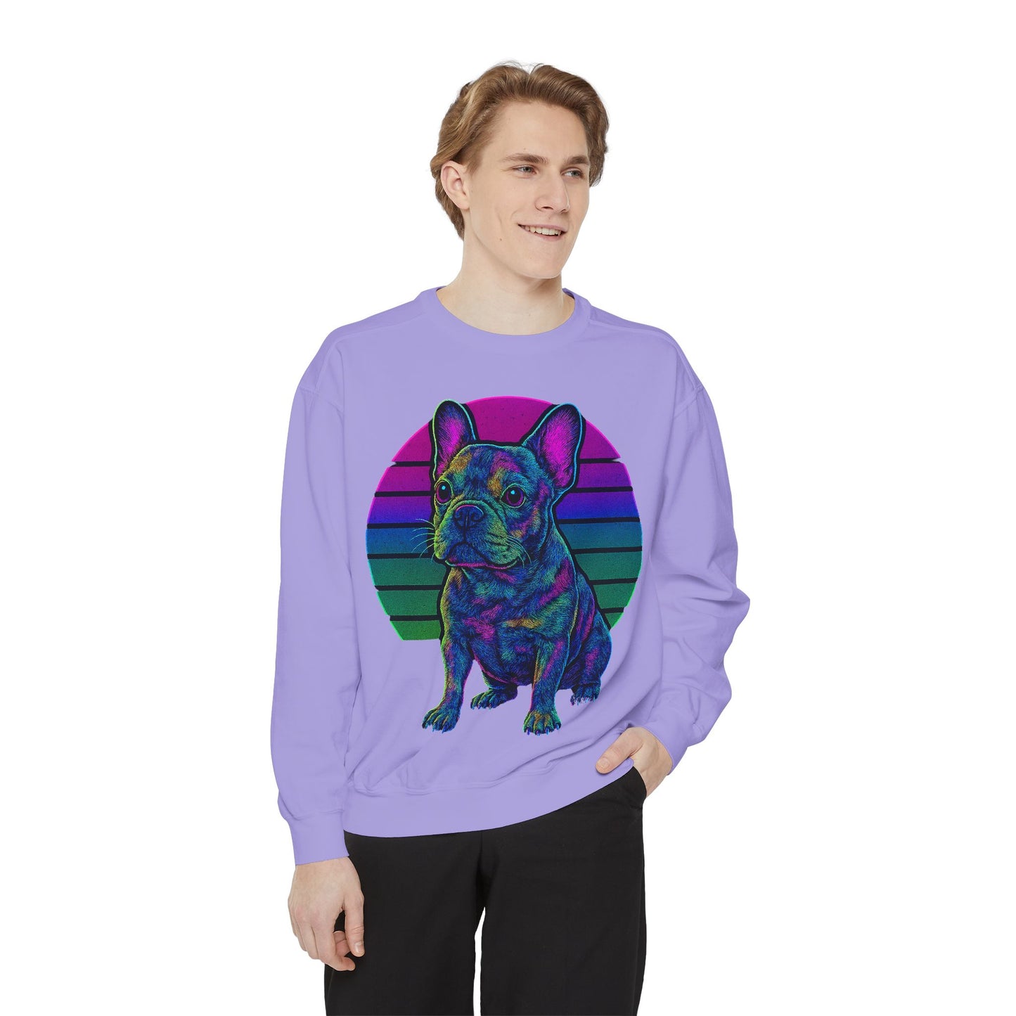 Neon French Bulldog Sweatshirt | Retro 80s Frenchie Pullover | Colorful Dog Lover Crewneck