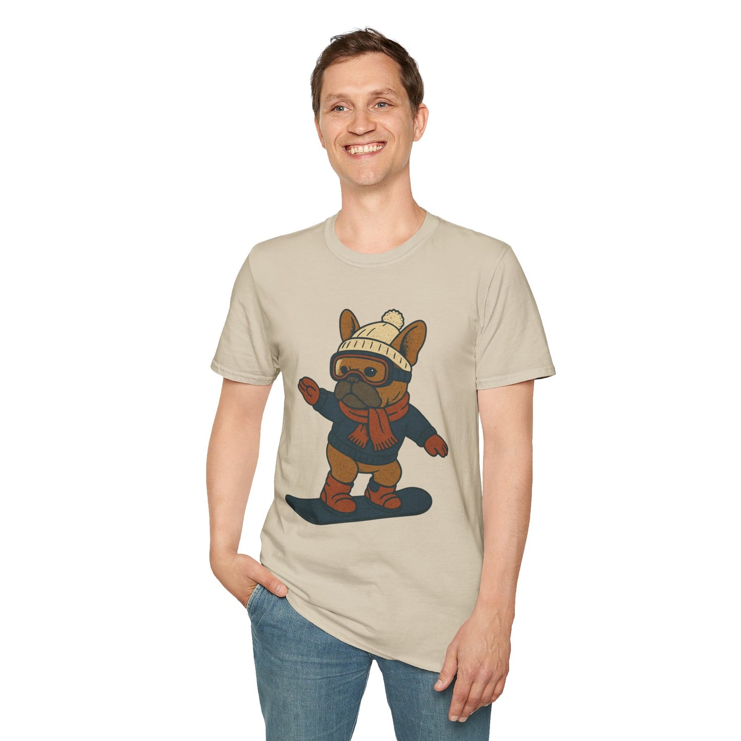 Snowboarding Frenchie T-Shirt | Cute Winter Dog Snowboard Tee | French Bulldog Snowboarder Shirt | Holiday Ski Resort Pup Graphic | Dog Lover Snow Sport Gift