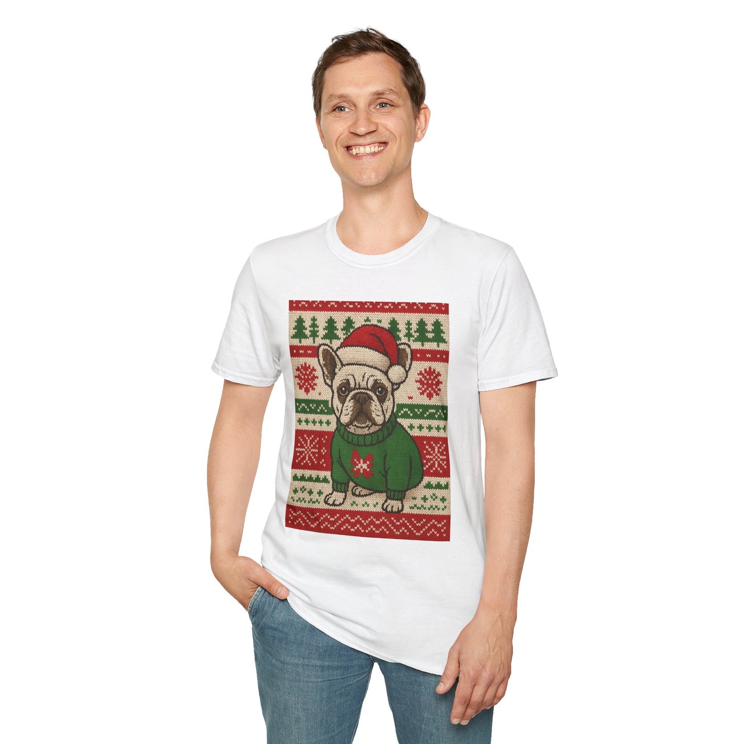 Frenchie Christmas T-Shirt – Cute French Bulldog Ugly Sweater Style Tee, Holiday Dog Lover Shirt, Funny Christmas Frenchie Gift