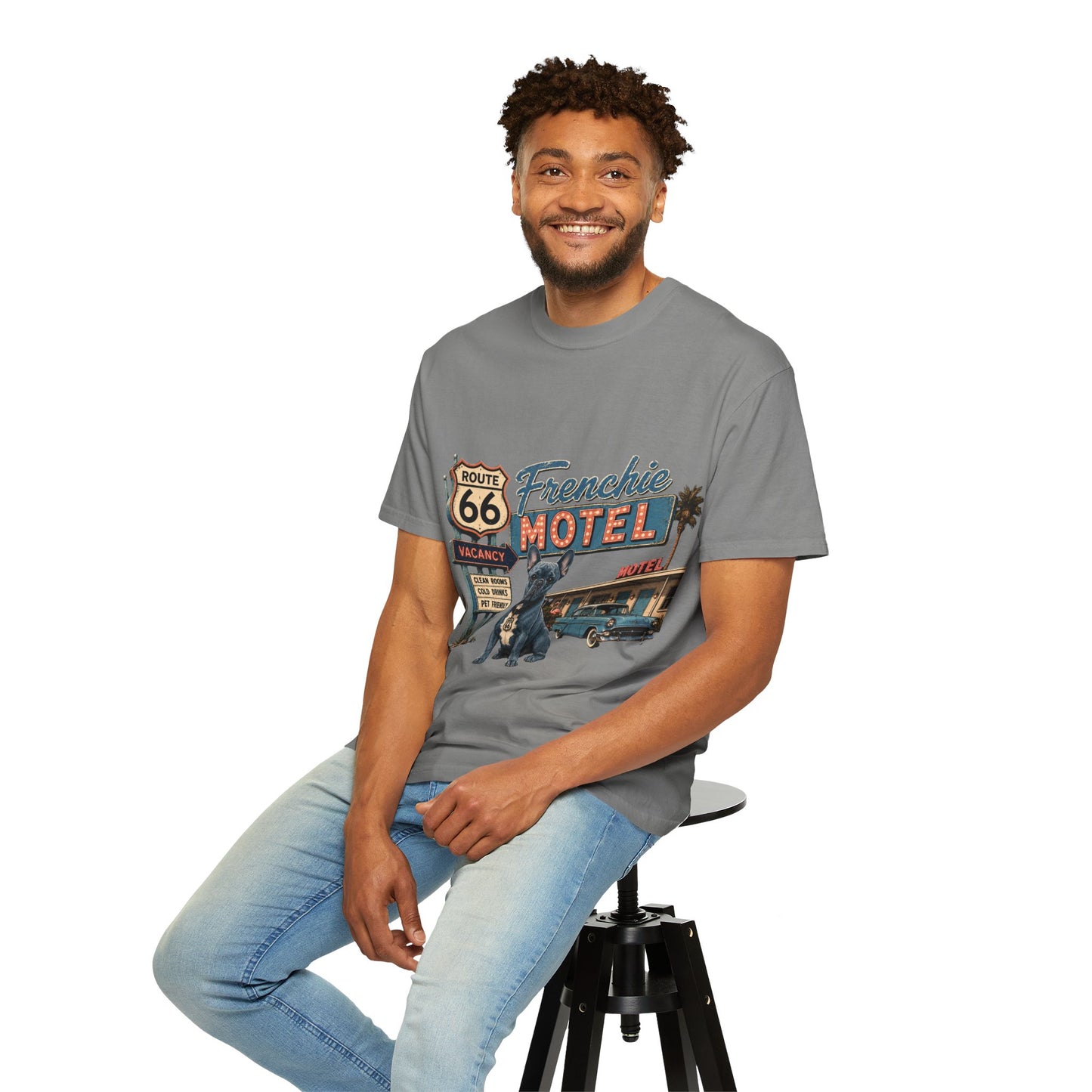 Route 66 Frenchie Motel Shirt, French Bulldog Retro Travel Tee, Vintage Road Trip Shirt, Dog Lover Graphic Tee, Route 66 Dog Shirt, Frenchie Motel T-Shirt, Retro Americana Gift