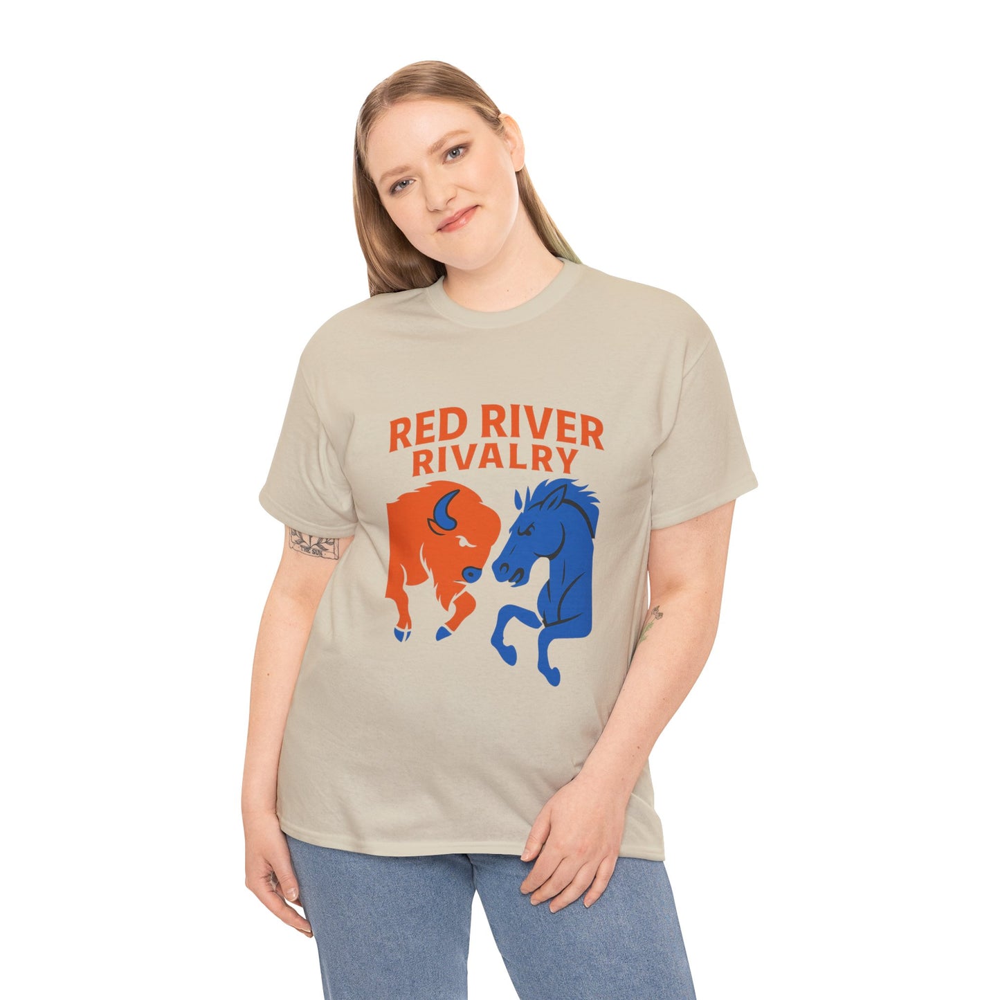 Red River Rivalry T-Shirt – Oklahoma vs Texas-Inspired Tee, Bison and Mustang Game Day Shirt, Blue and Orange Sports Rivalry Graphic