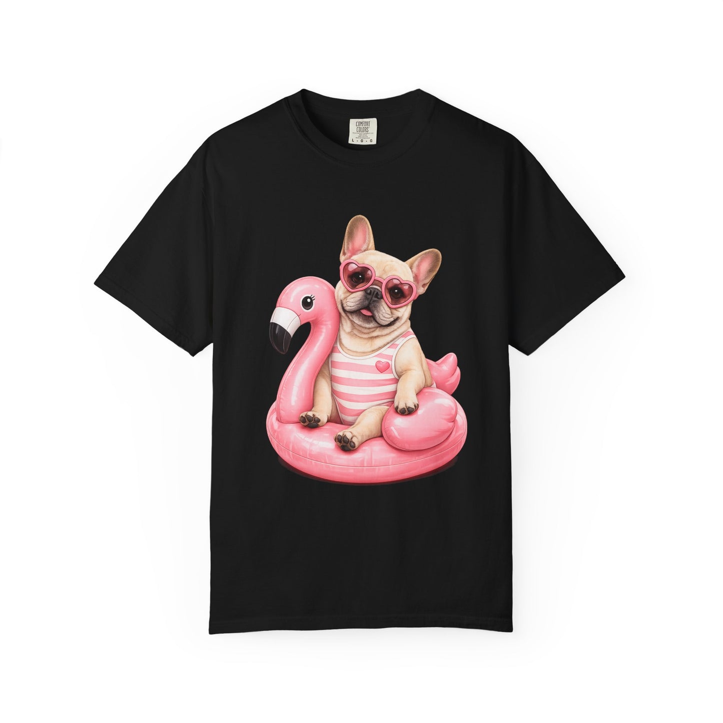 French Bulldog on Pink Flamingo Float T-Shirt — Cute Summer Dog Tee