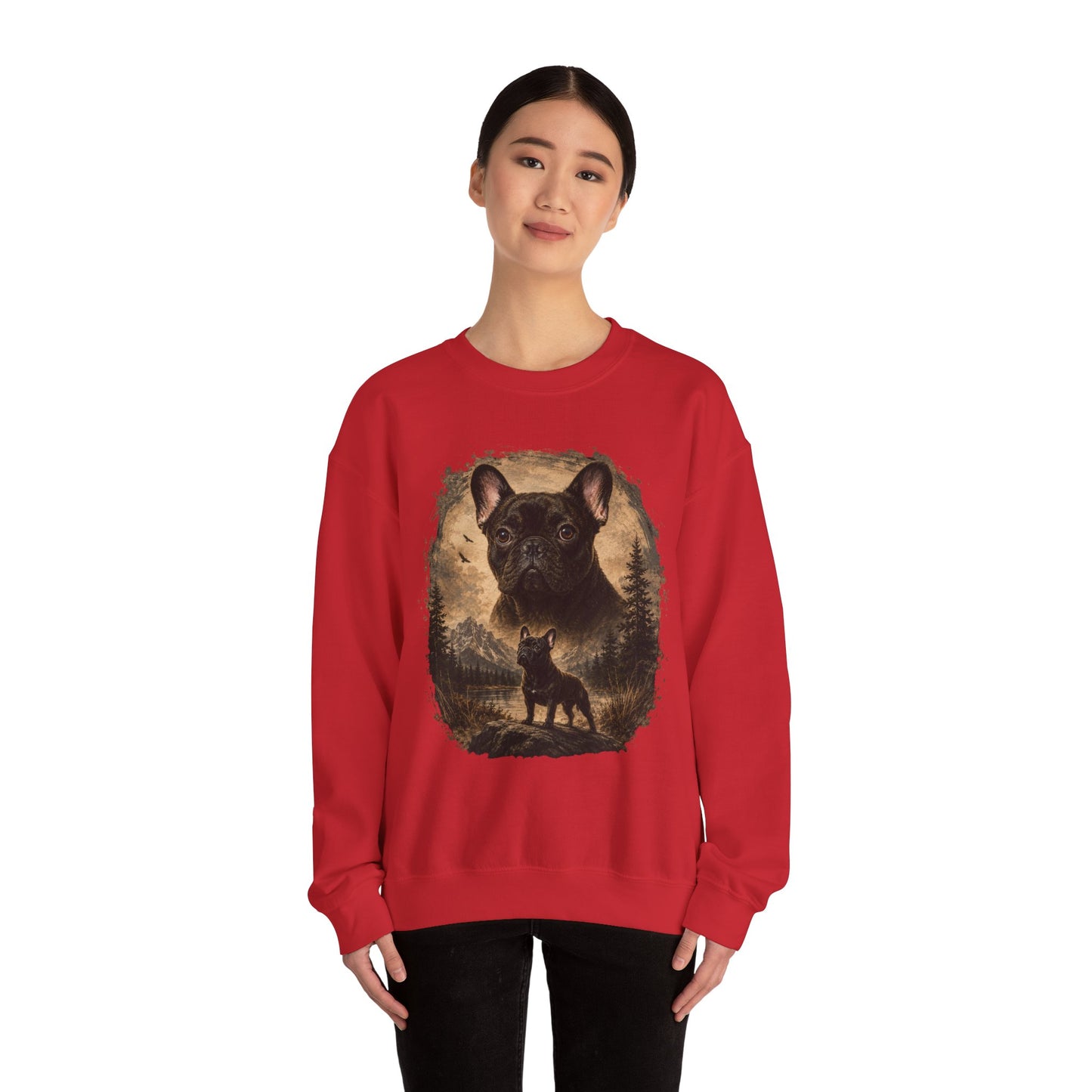Black French Bulldog Sweatshirt, Rustic Frenchie Crewneck, Vintage Nature French Bulldog Sweatshirt, Dog Lover Gift, Black Frenchie Pullover, Camping Sweatshirt, Cozy Dog Apparel