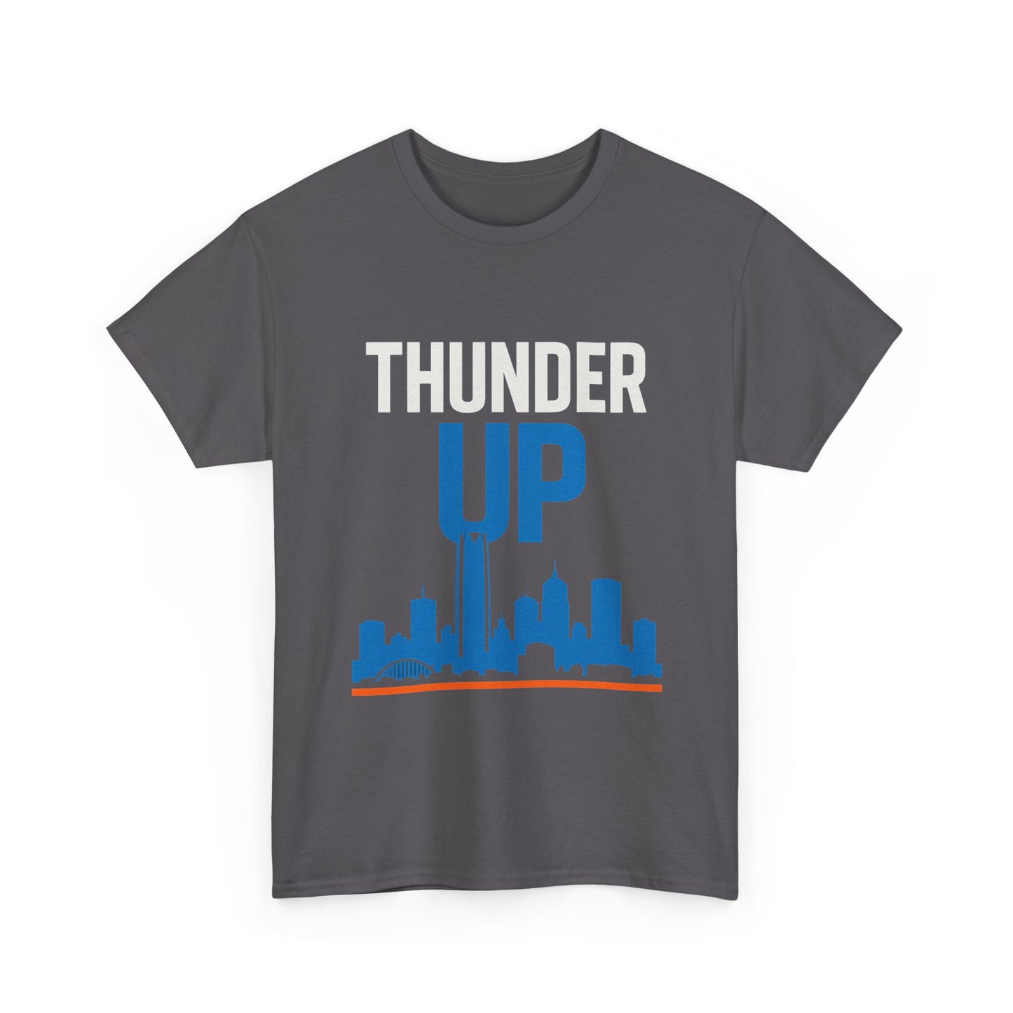 Thunder Up Oklahoma City Skyline Shirt – OKC Basketball Fan Tee, Blue & Orange City Skyline Graphic, Oklahoma Hoops Spirit Wear, Game Day T-Shirt