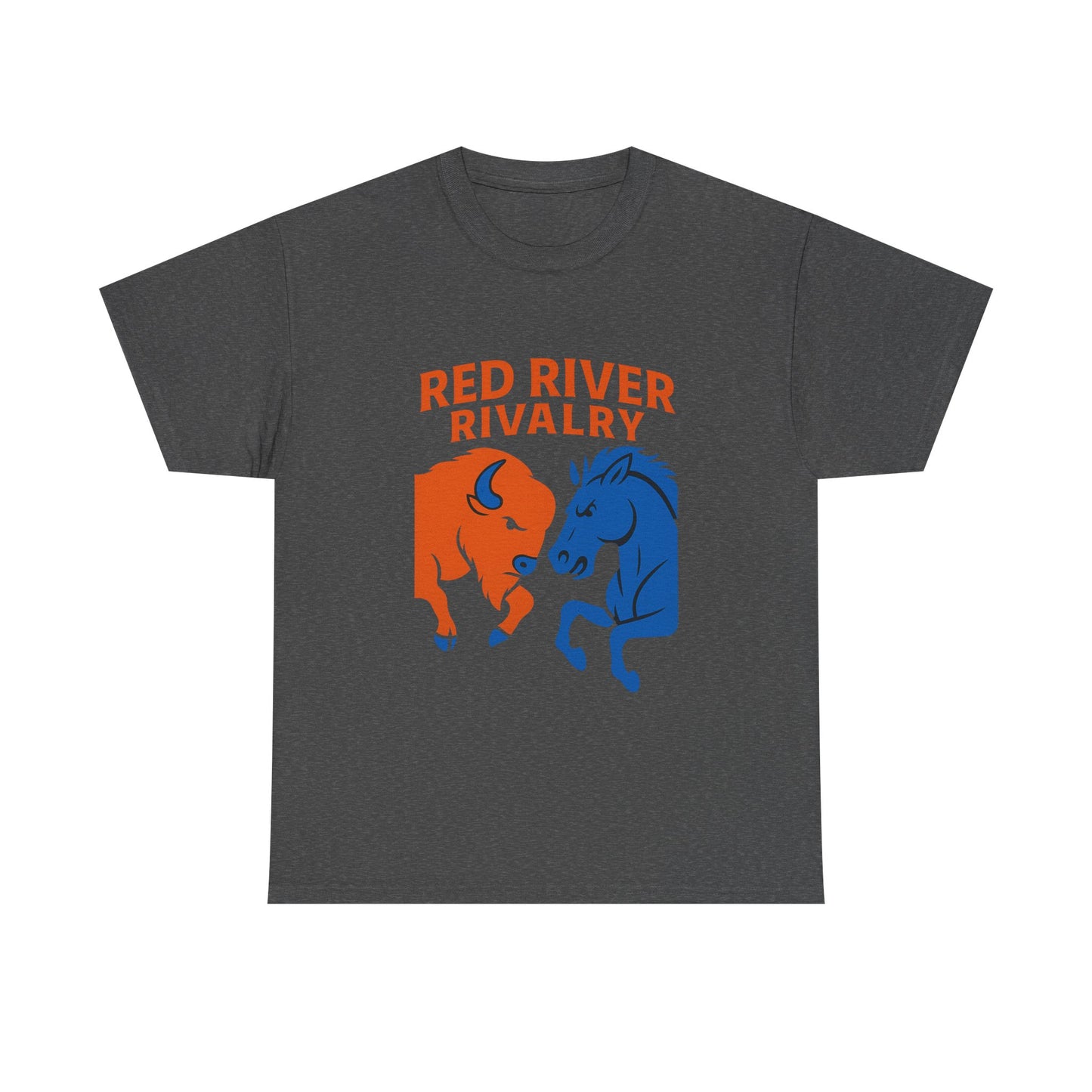 Red River Rivalry T-Shirt – Oklahoma vs Texas-Inspired Tee, Bison and Mustang Game Day Shirt, Blue and Orange Sports Rivalry Graphic