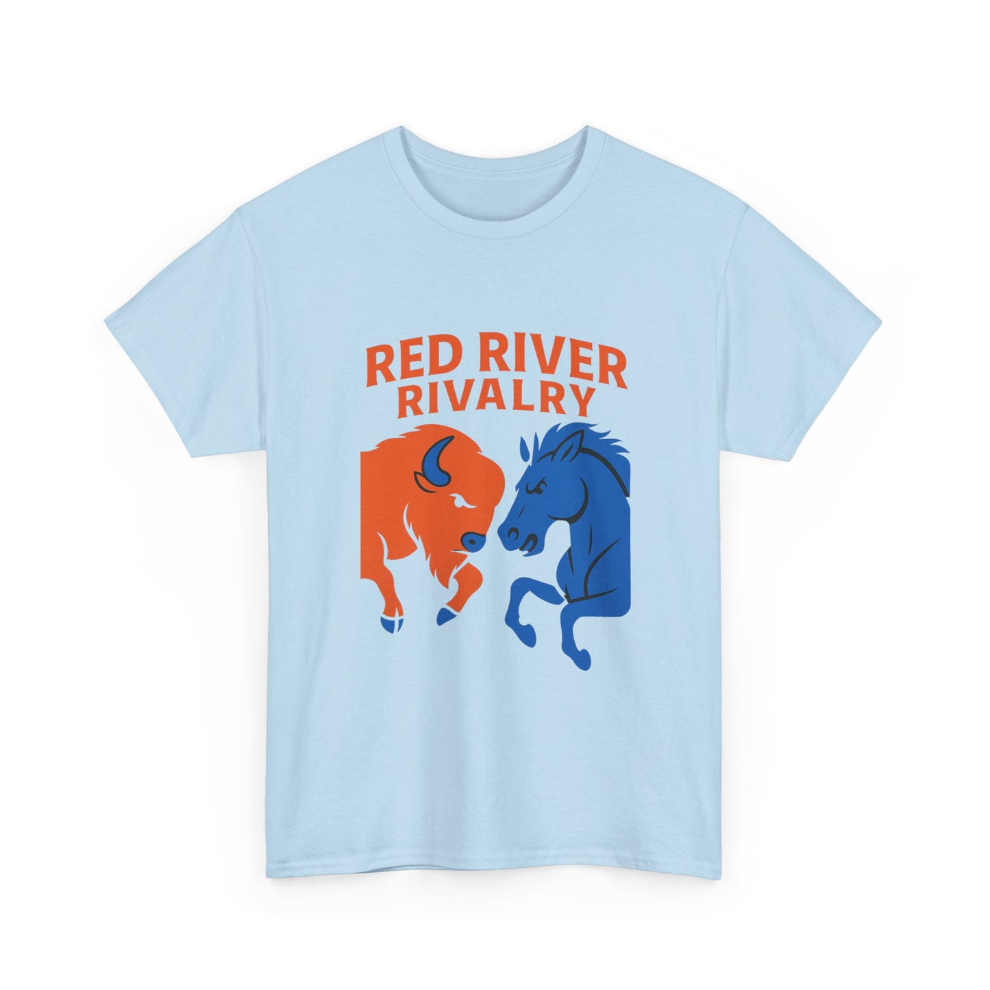 Red River Rivalry T-Shirt – Oklahoma vs Texas-Inspired Tee, Bison and Mustang Game Day Shirt, Blue and Orange Sports Rivalry Graphic
