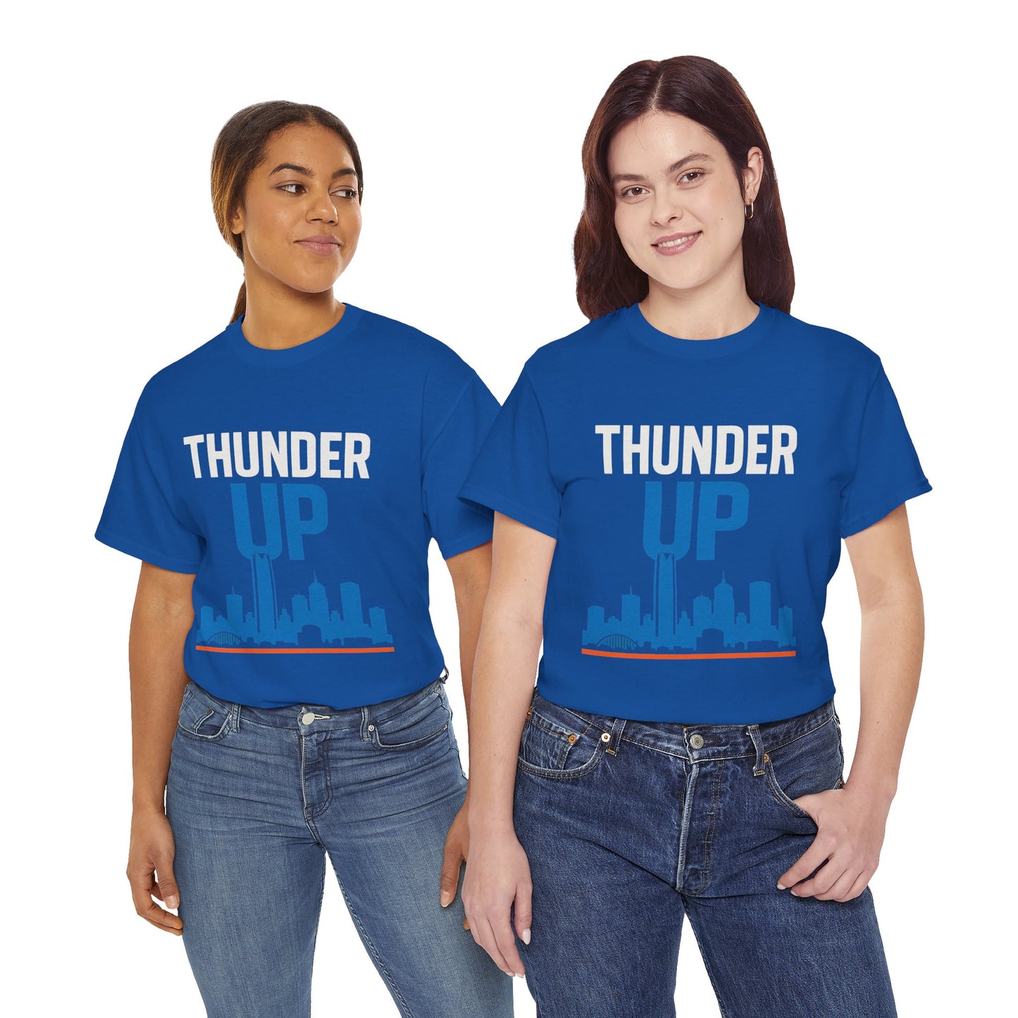 Thunder Up Oklahoma City Skyline Shirt – OKC Basketball Fan Tee, Blue & Orange City Skyline Graphic, Oklahoma Hoops Spirit Wear, Game Day T-Shirt