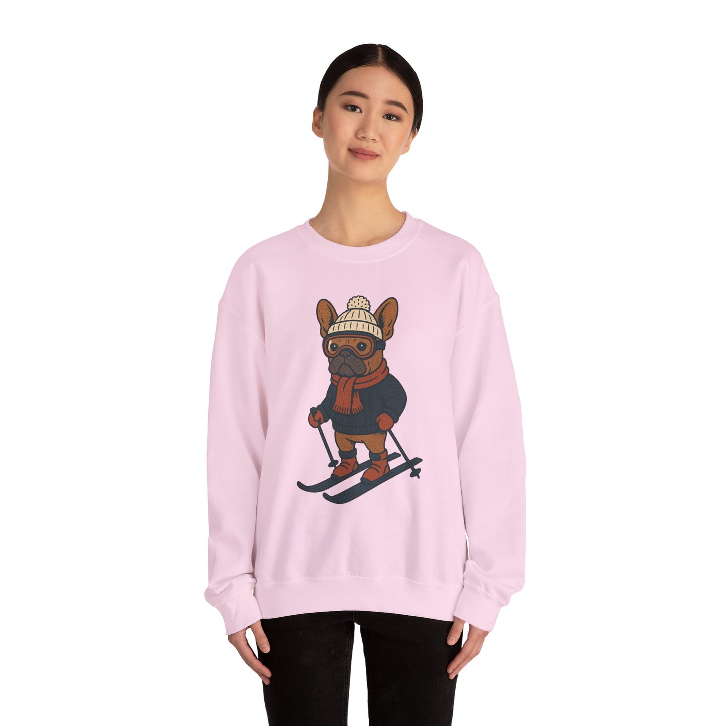 Skiing Frenchie Sweatshirt – Cute Winter French Bulldog Pullover, Cozy Ski Dog Sweater, Funny Dog Lover Gift, Winter Sports Bulldog Crewneck