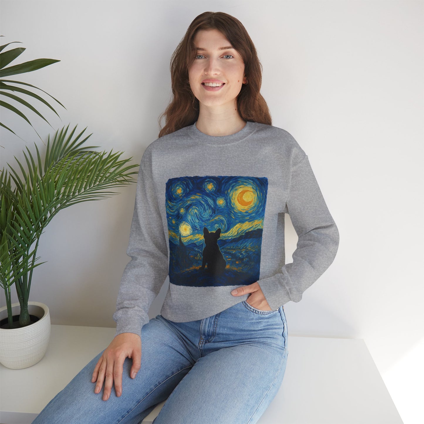 Starry Night Frenchie Sweatshirt – Van Gogh Inspired French Bulldog Art Crewneck, Cozy Dog Lover Gift, Retro Frenchie Sweater