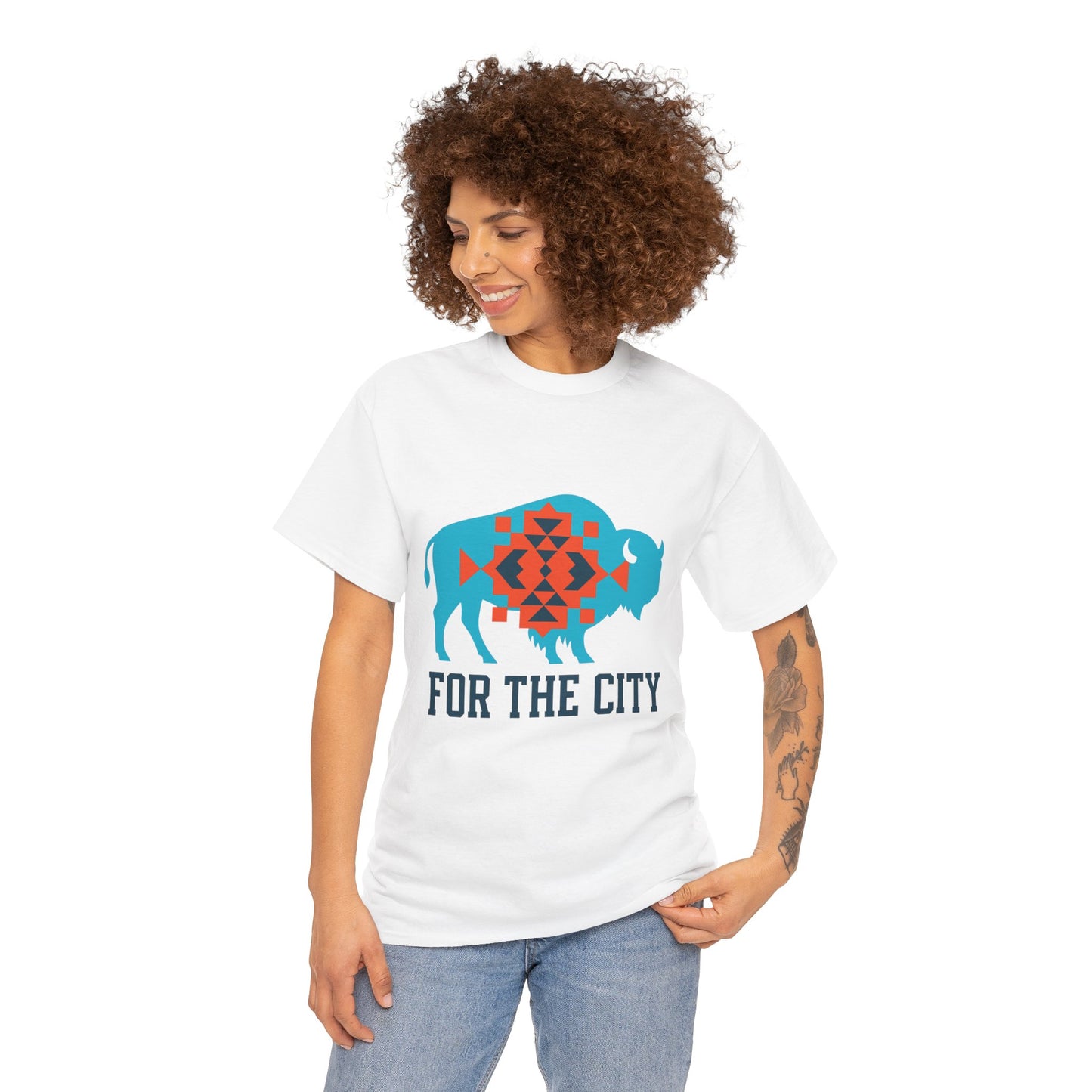 For The City Tribal Bison T-Shirt | Oklahoma Pride Tee | Blue & Orange Southwestern Bison Graphic | OKC Fan Inspired Shirt | Local Oklahoma Gift