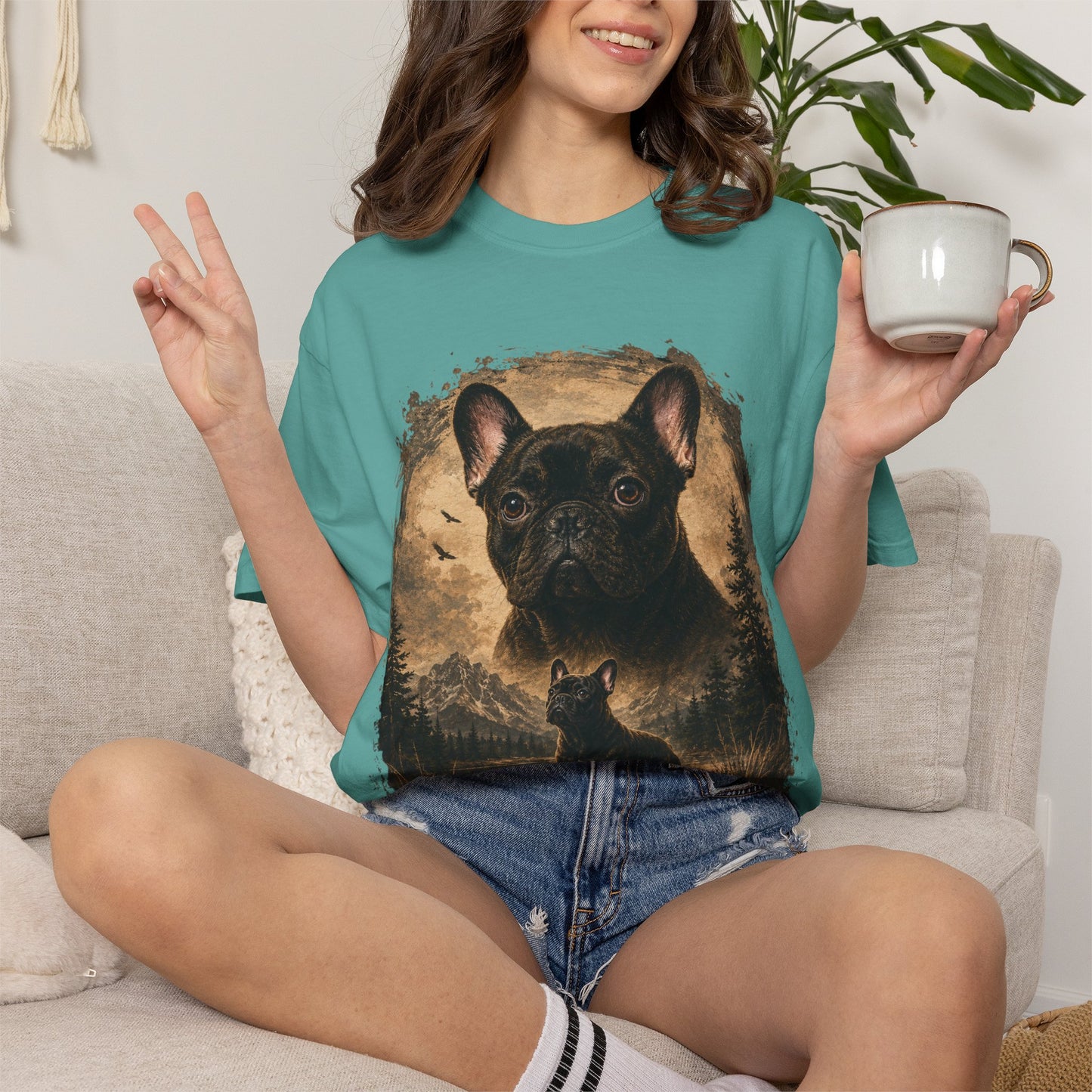 Black French Bulldog Shirt, Vintage Frenchie Nature Tee, Rustic French Bulldog Shirt, Dog Lover Gift, Frenchie Mountain Landscape Tee, Outdoors Dog Shirt, French Bulldog Art