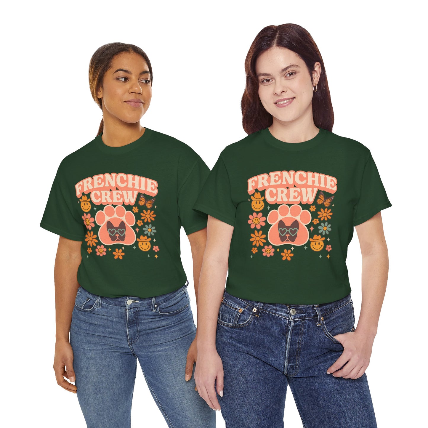 Frenchie Crew T-Shirt | Retro 70s Floral French Bulldog Tee | Groovy Dog Mom Shirt | Frenchie Lover Gift | Vintage Aesthetic Graphic Tee