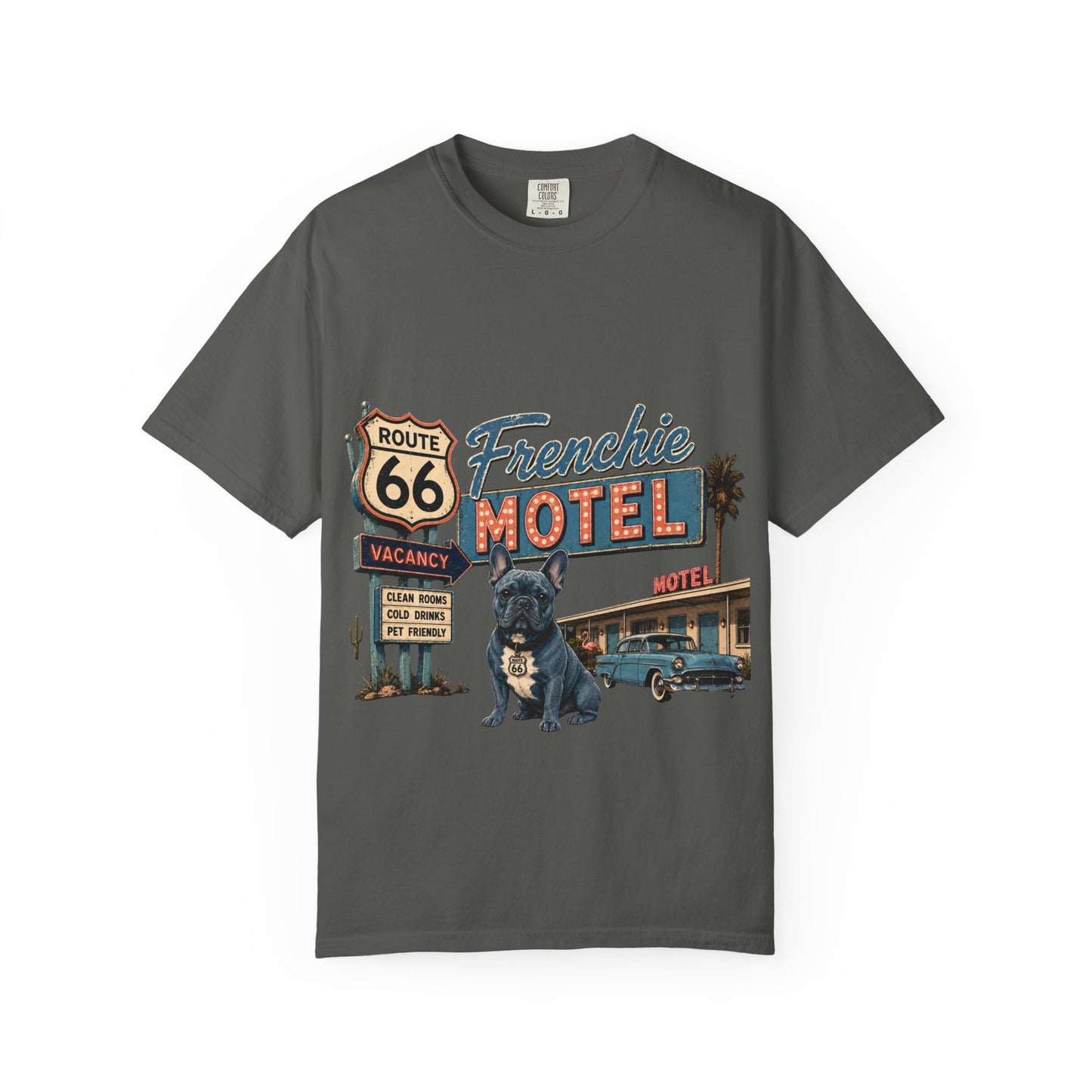 Route 66 Frenchie Motel Shirt, French Bulldog Retro Travel Tee, Vintage Road Trip Shirt, Dog Lover Graphic Tee, Route 66 Dog Shirt, Frenchie Motel T-Shirt, Retro Americana Gift