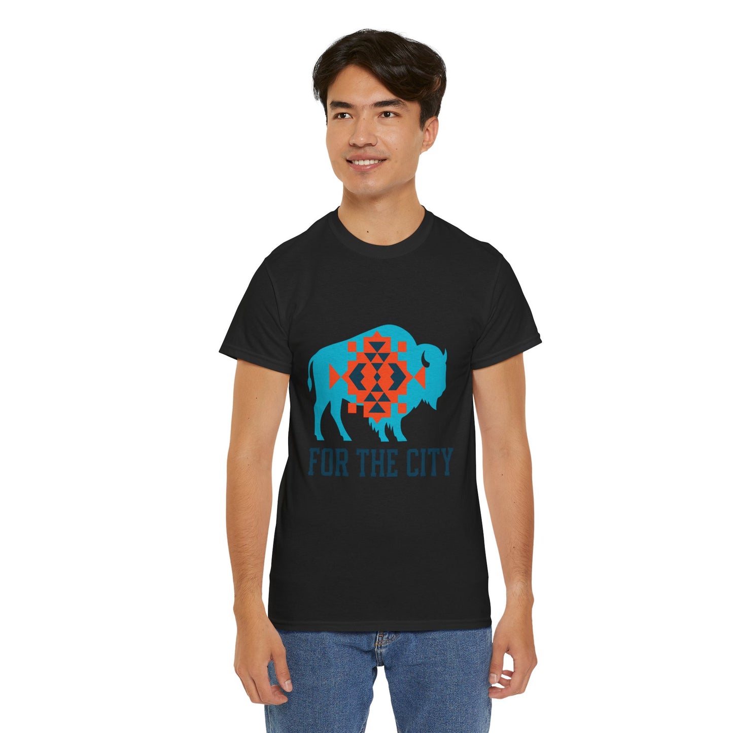 For The City Tribal Bison T-Shirt | Oklahoma Pride Tee | Blue & Orange Southwestern Bison Graphic | OKC Fan Inspired Shirt | Local Oklahoma Gift