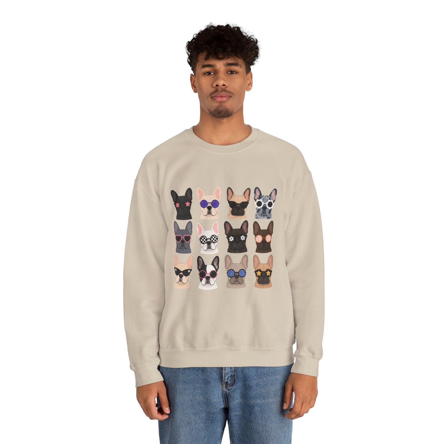 French Bulldog Faces Crewneck Sweatshirt – Cute Sunglasses Dogs Graphic