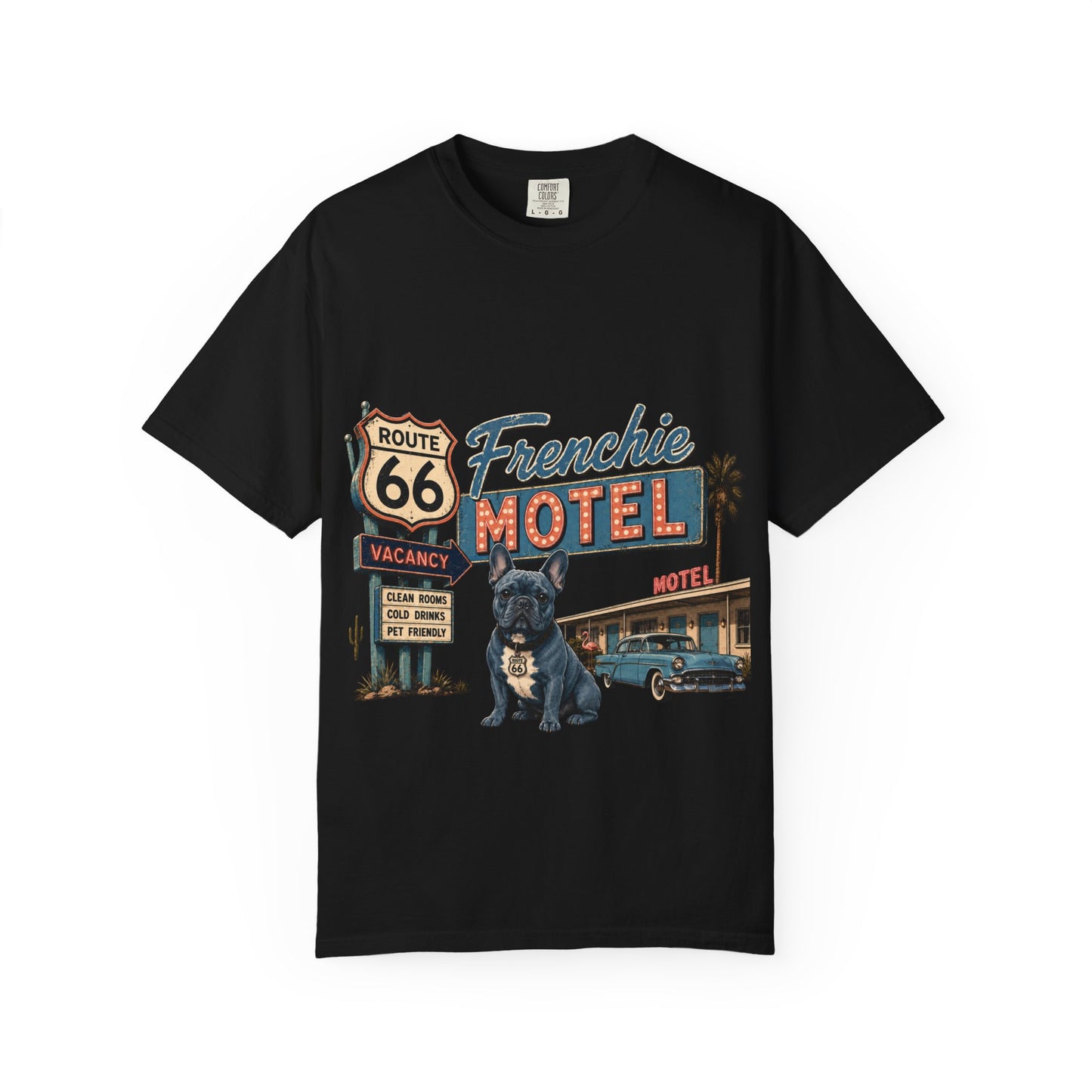 Route 66 Frenchie Motel Shirt, French Bulldog Retro Travel Tee, Vintage Road Trip Shirt, Dog Lover Graphic Tee, Route 66 Dog Shirt, Frenchie Motel T-Shirt, Retro Americana Gift