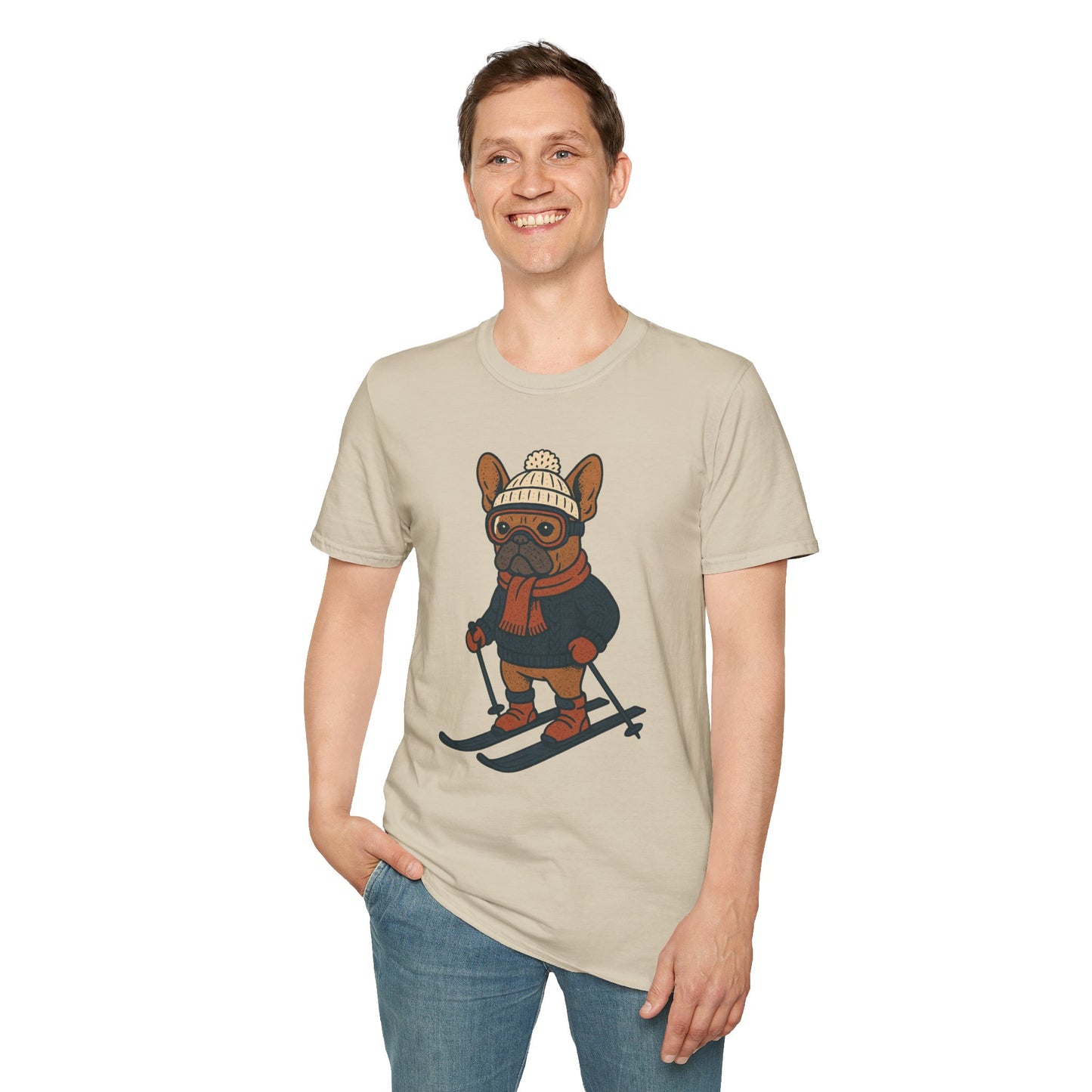 French Bulldog Skiing T-Shirt, Winter Frenchie Shirt, Ski Dog Graphic Tee, Cute Snow Dog Gift, Funny Frenchie Lover Shirt, Skiing Pup Tee