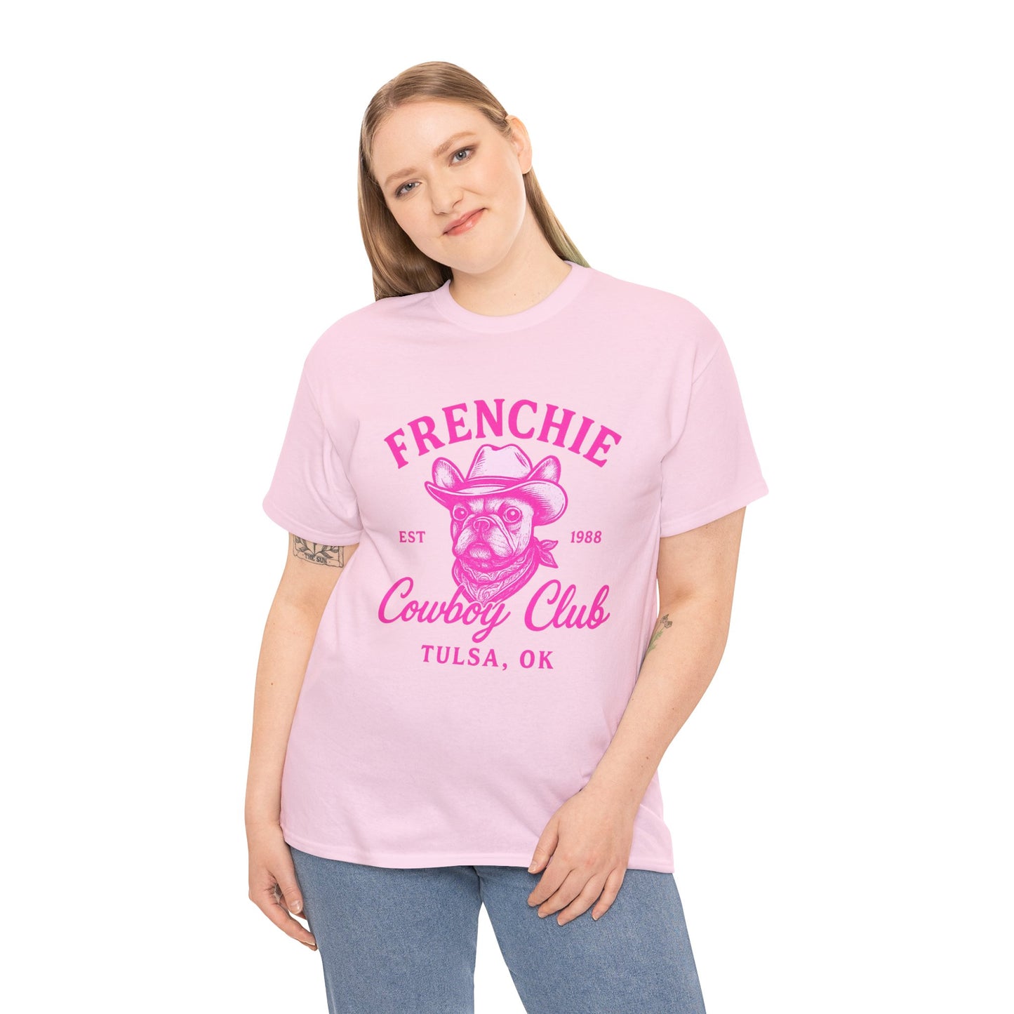 Frenchie Cowboy Club Pink T-Shirt | Hot Pink Western Dog Lover Tee | Tulsa OK French Bulldog Shirt